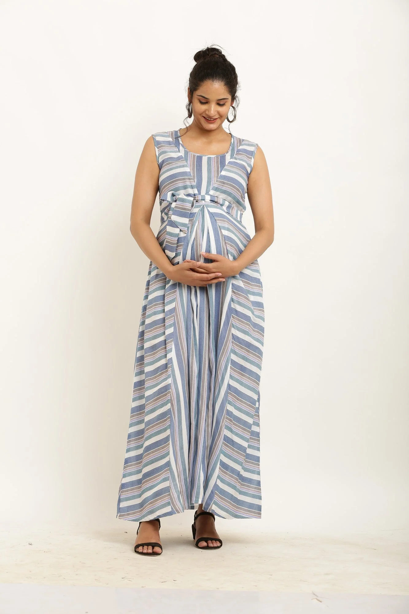 Cheerful Dusty Blue Striped Maternity & Nursing Dress - Chenance