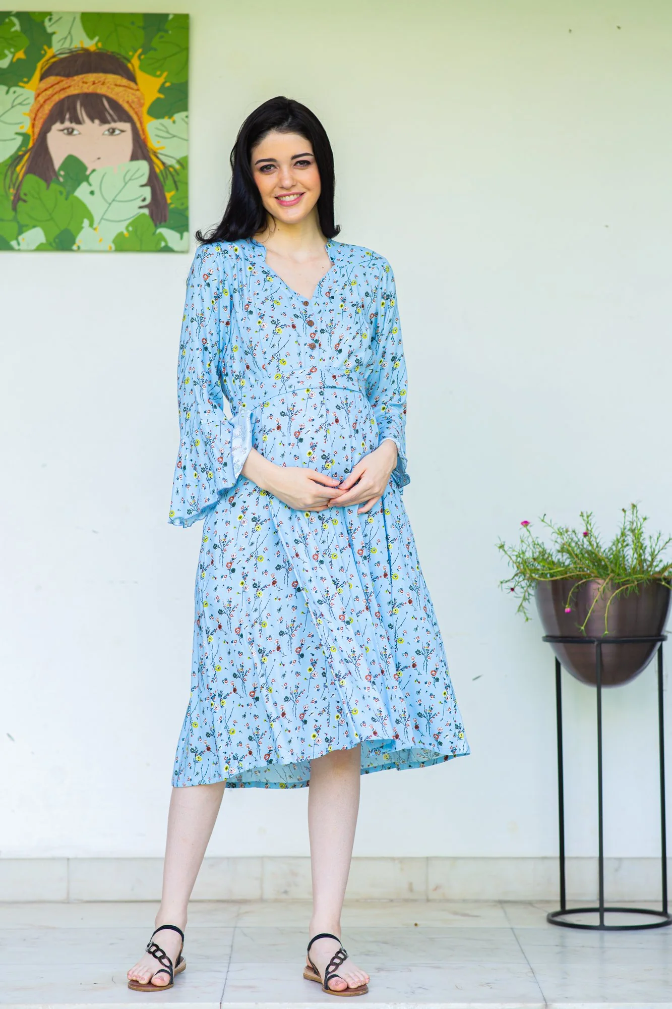 Sky Blue Flair Maternity and Nursing Dress - Chenance
