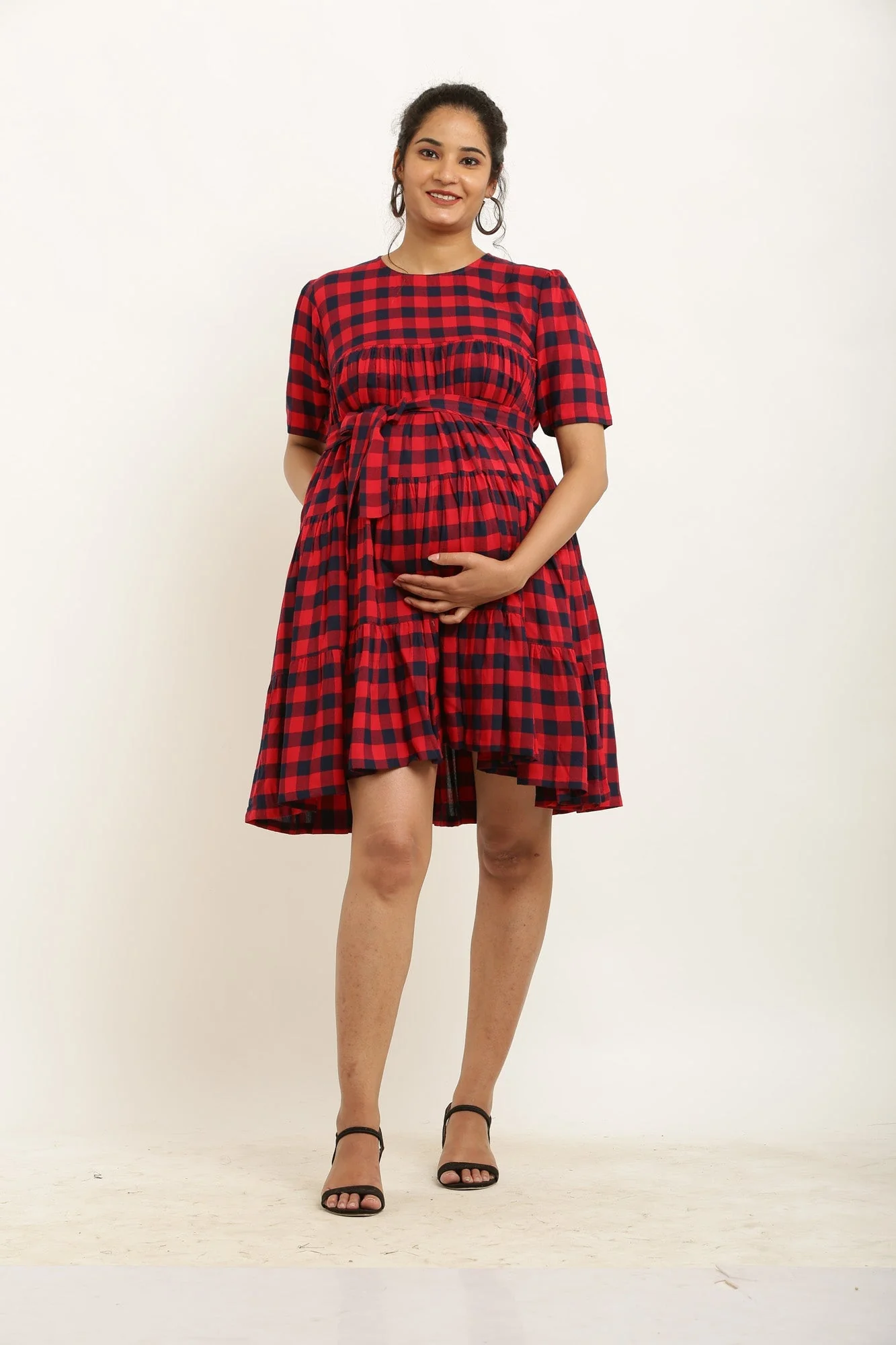 Adorable Red Plaid Maternity & Nursing Gathered Knee Dress - Chenance