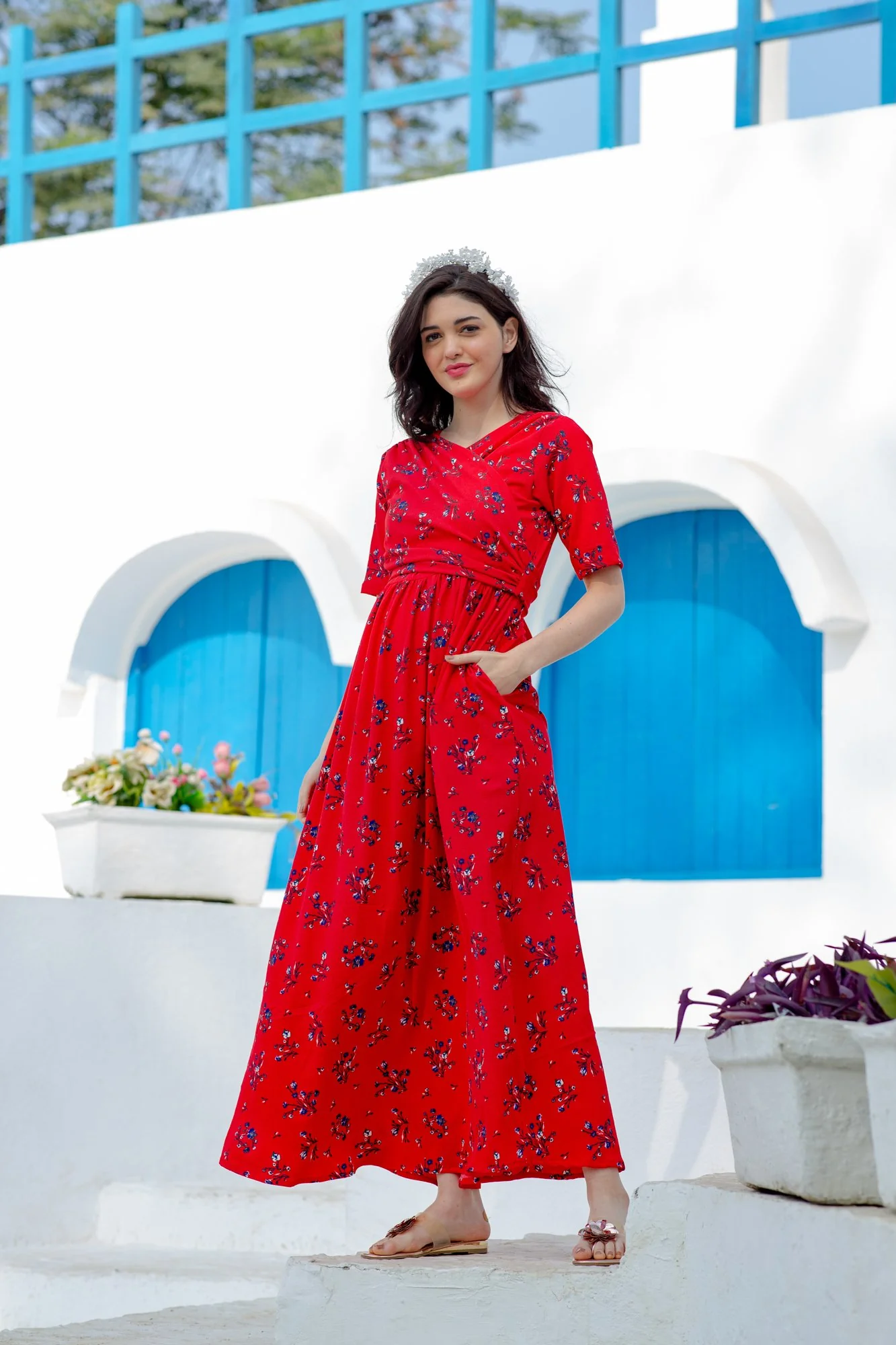 Raspberry Floral Maternity & Nursing Wrap Dress - Chenance