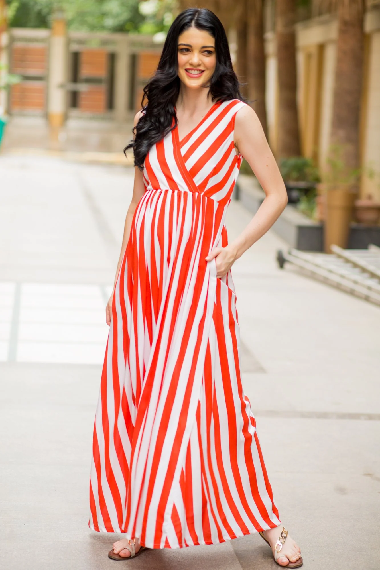 Chic Candy Red Striped Maternity and Nursing Maxi Dress - Chenance