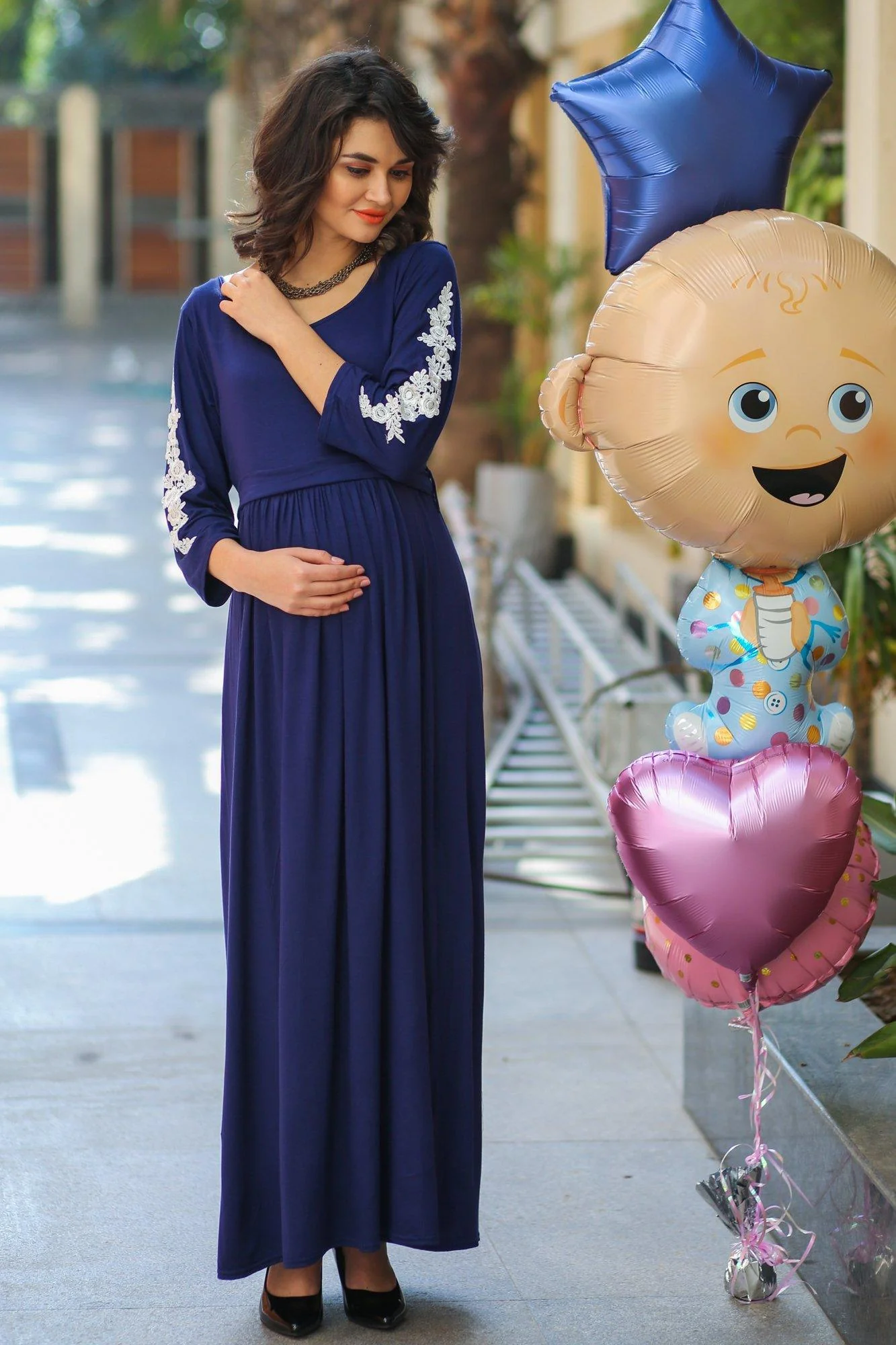 Regal Blue Lycra Crochet Sleeves Maternity Dress - Chenance