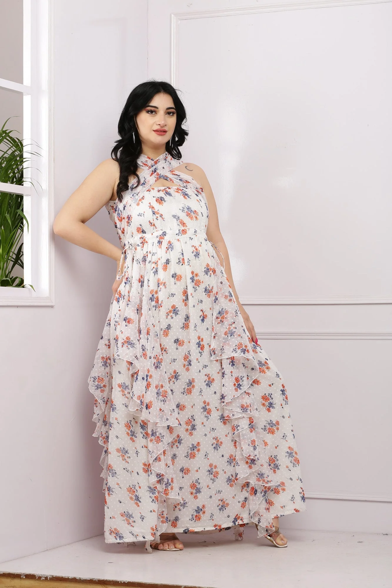 Classy Criss Cross Ivory Floral Maternity & Nursing Flow Dress - Chenance