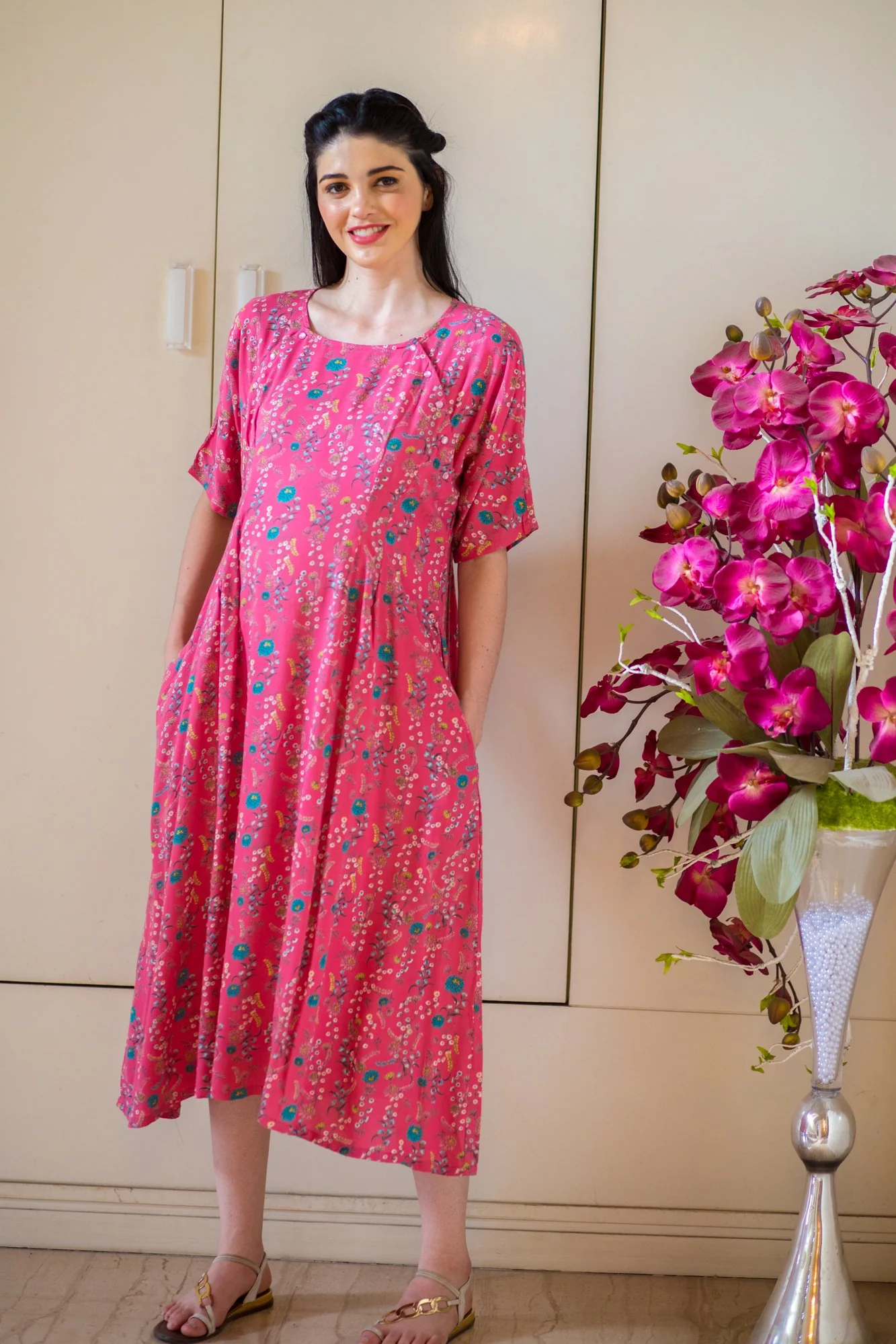 Pretty In Peach Shoulder Snap Maternity & Nursing Dress / Delivery Gown/ Night Dress + Swaddle - Chenance