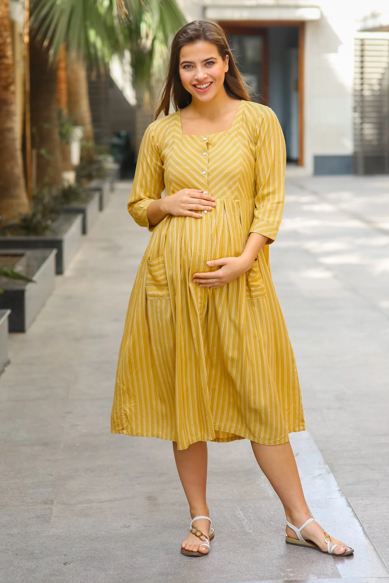 Sunny Mustard Striped Pocket Maternity & Nursing Dress - Chenance