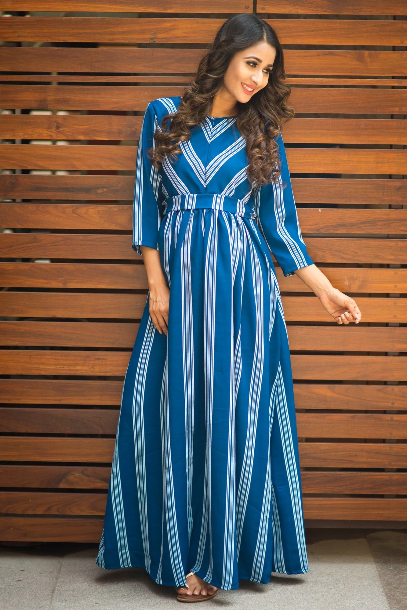Persian Blue Striped Maternity & Nursing Crepe Dress - Chenance