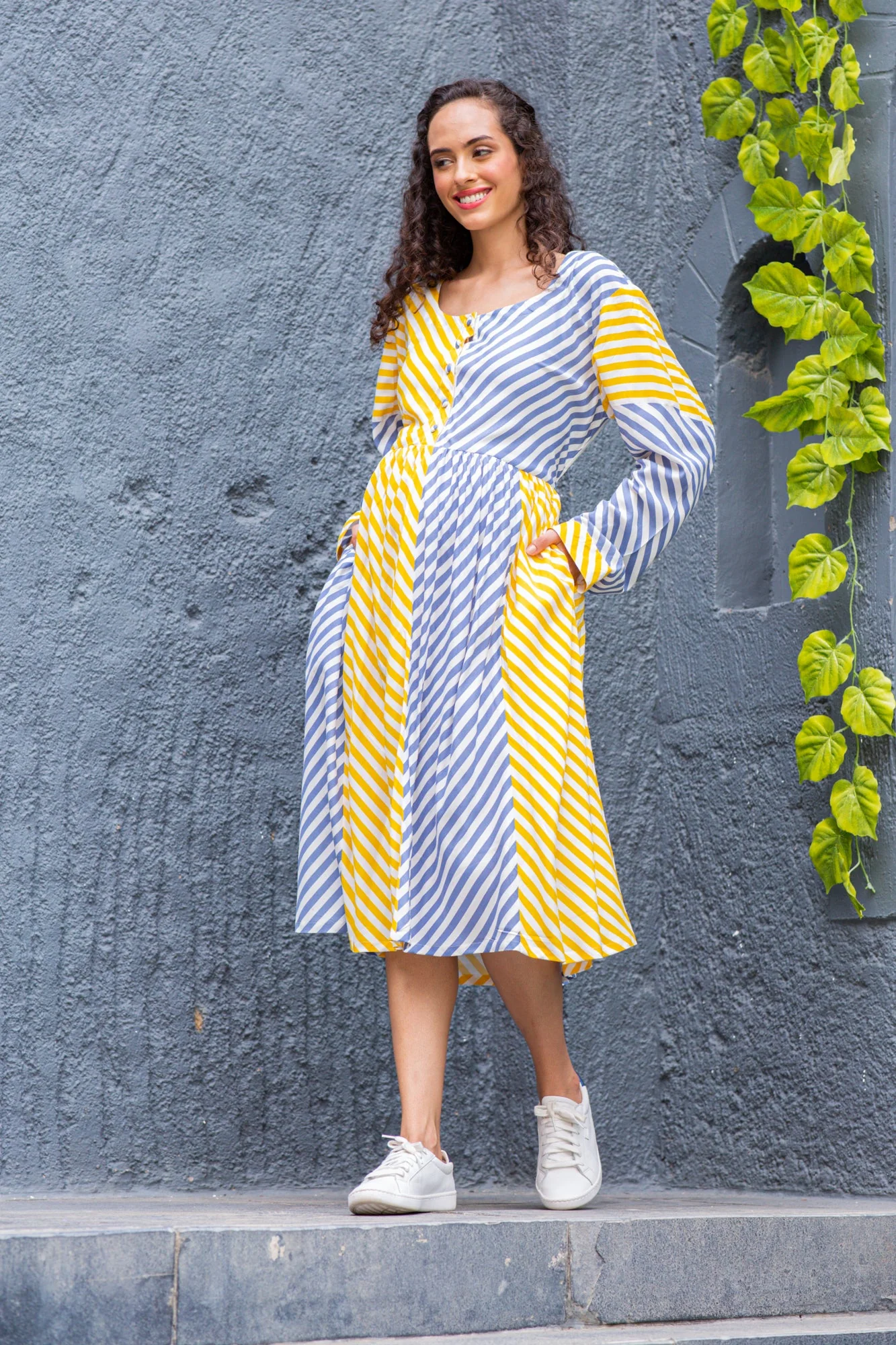 Slate Yellow Striped Maternity & Nursing Dress (100% Cotton) - Chenance
