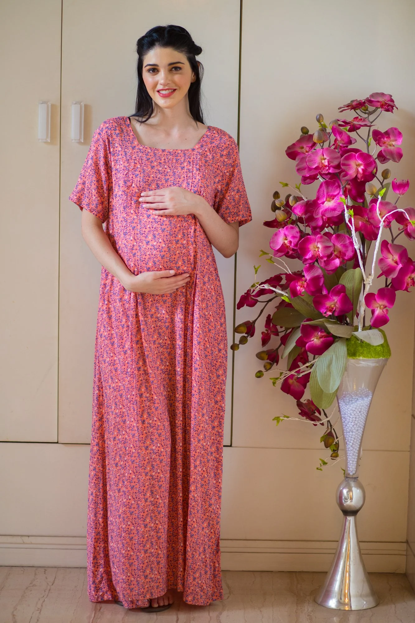 Coral Maternity & Nursing Concealed Zips Night Dress - Chenance