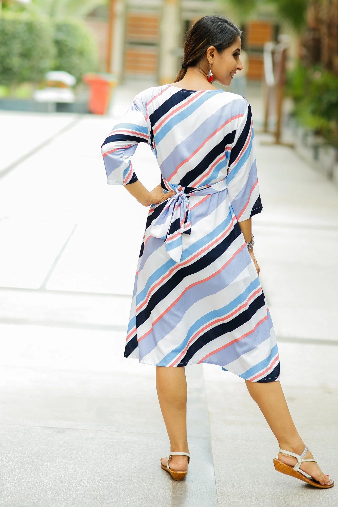 Multicolor Nautical Viscose Maternity & Nursing Knee Wrap Dress - Chenance