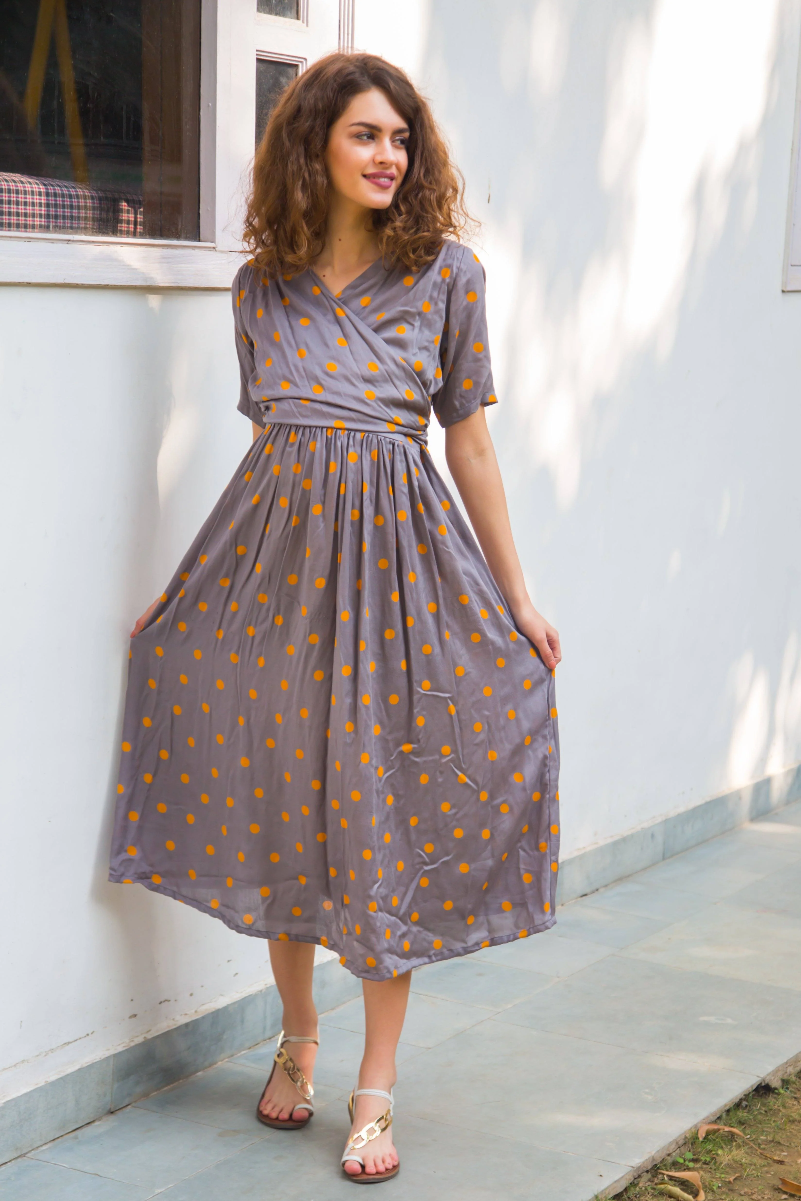 Amber Grey Polka Maternity & Nursing Wrap Midi Dress - Chenance