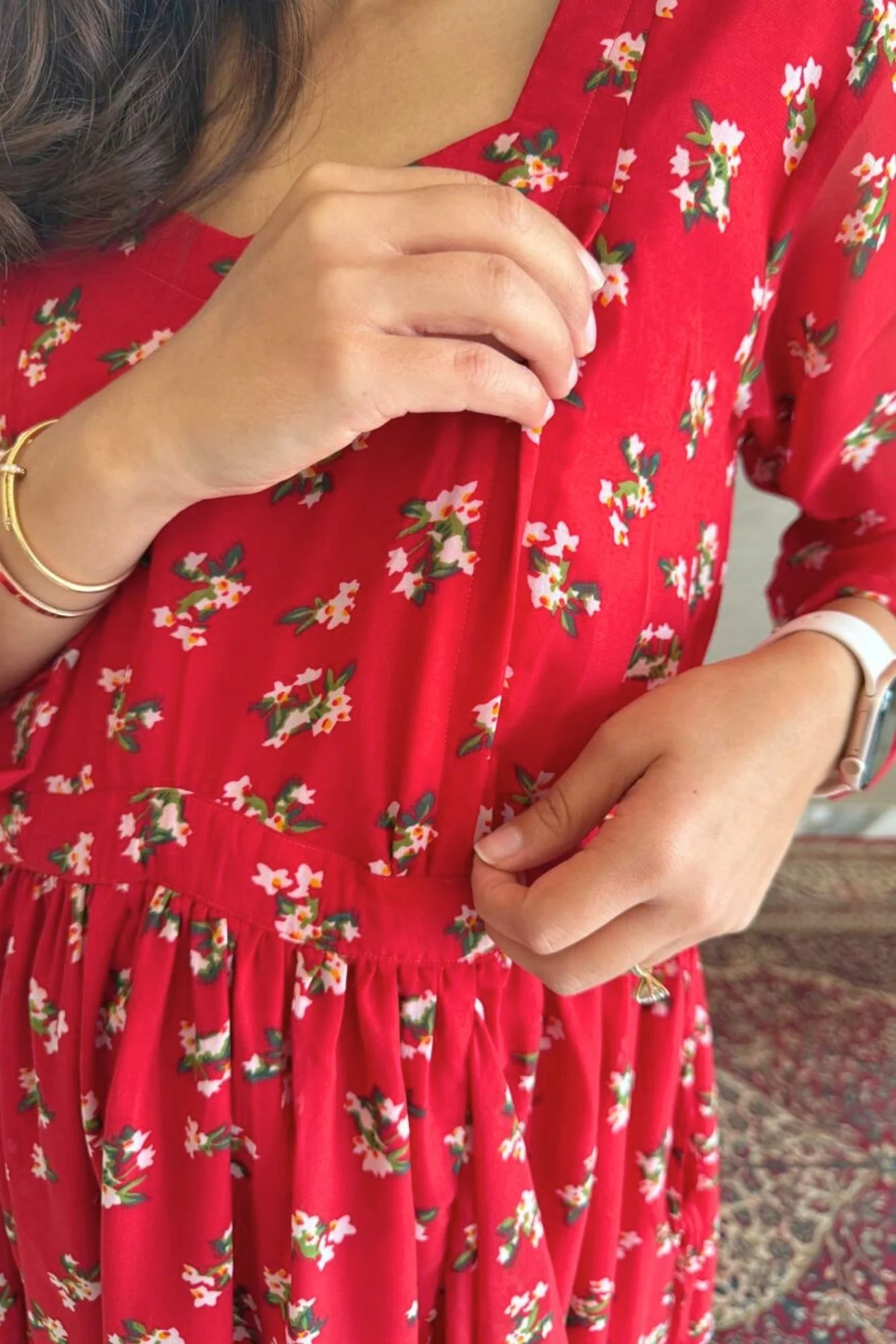 Cheery Floral Red Chiffon Maternity & Nursing Flow Dress - Chenance