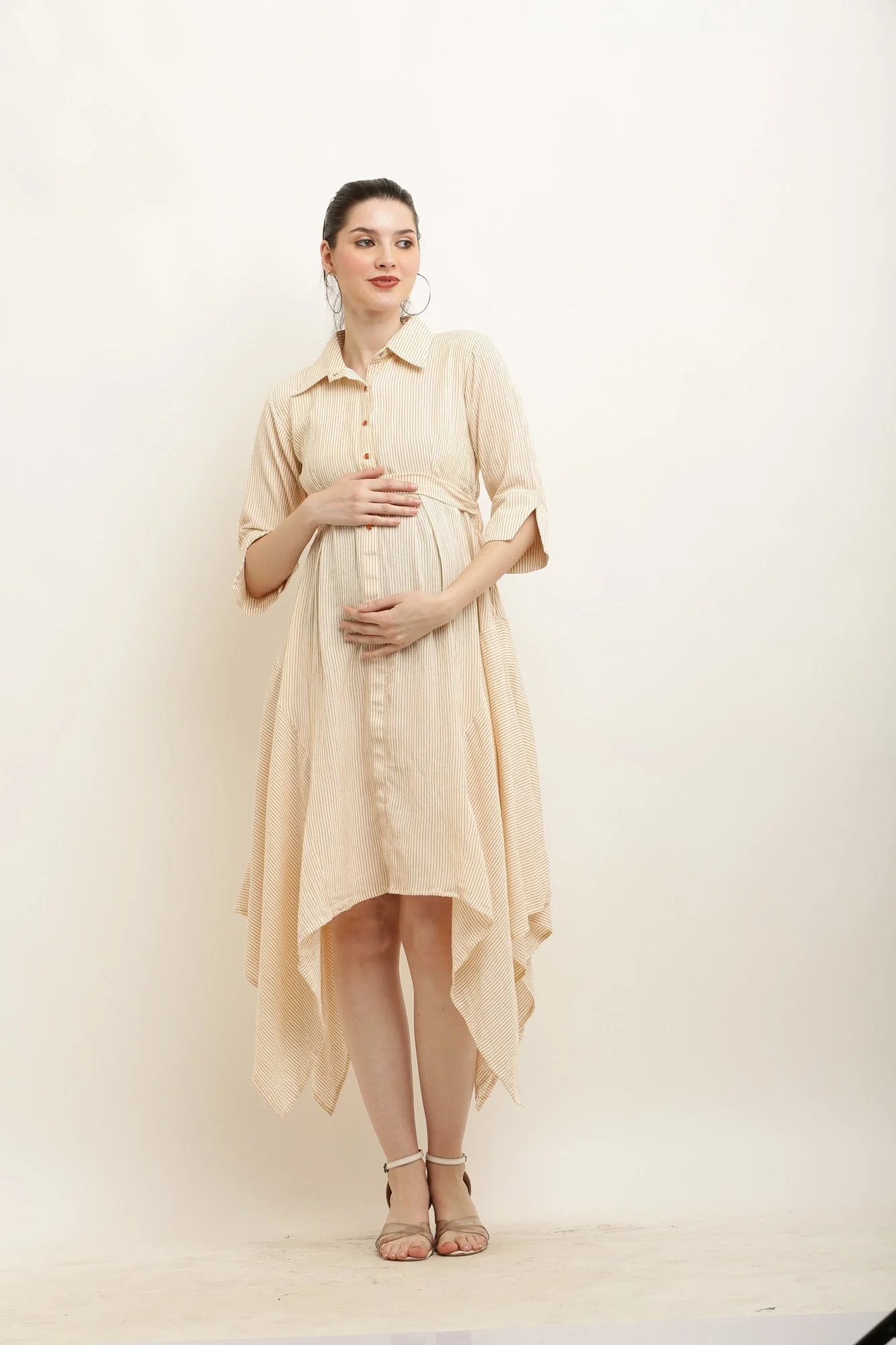 Brown Striped Versatile Maternity & Nursing Asymmetrical Shirt Dress - Chenance