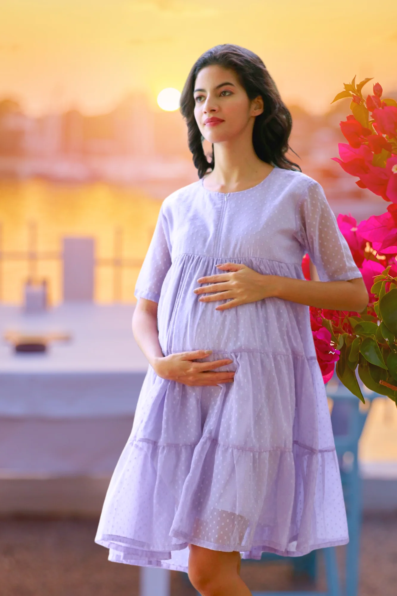 Charming Lilac Maternity & Nursing Layered Knee Dress - Chenance