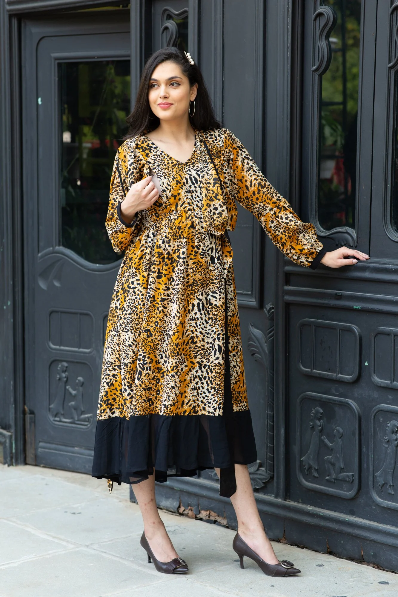 Premium Tropical Brown Maternity & Nursing Midi Wrap Dress - Chenance