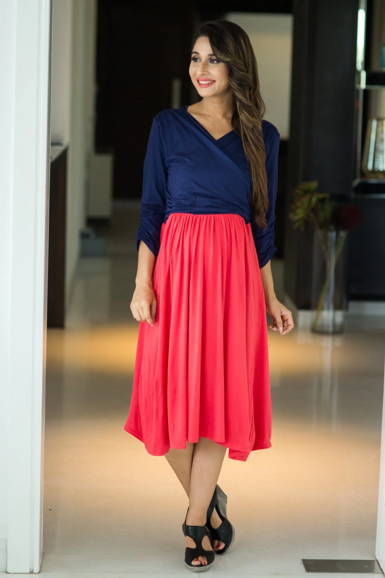 Coral Blue Wrap Tie Maternity & Nursing Dress - Chenance