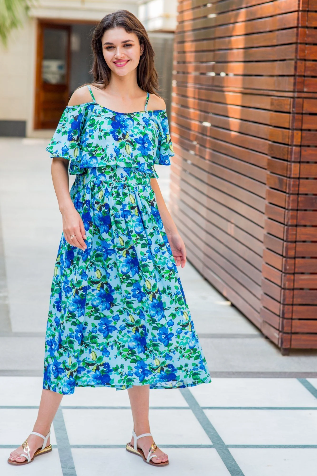 Aqua Leafy Cold Shoulder Maternity & Nursing Maxi - Chenance