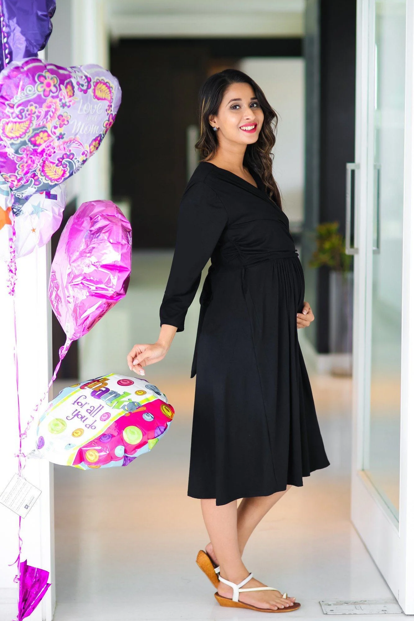Classic Black Wrap Tie Maternity & Nursing Dress - Chenance