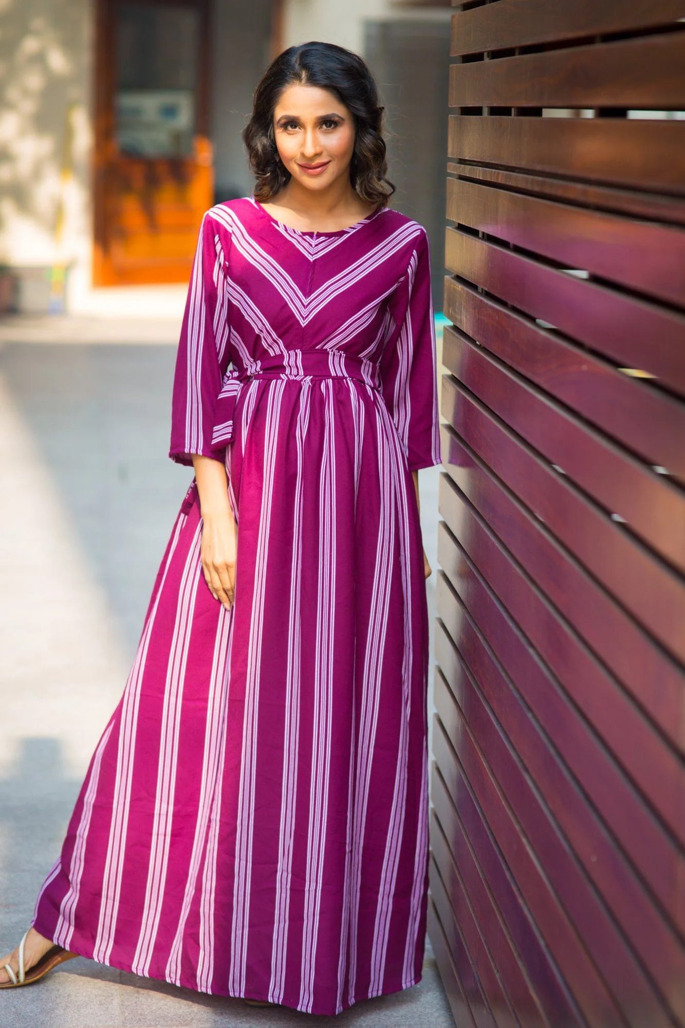 Plum Striped Front Zip Maternity & Nursing Crepe Dress - Chenance