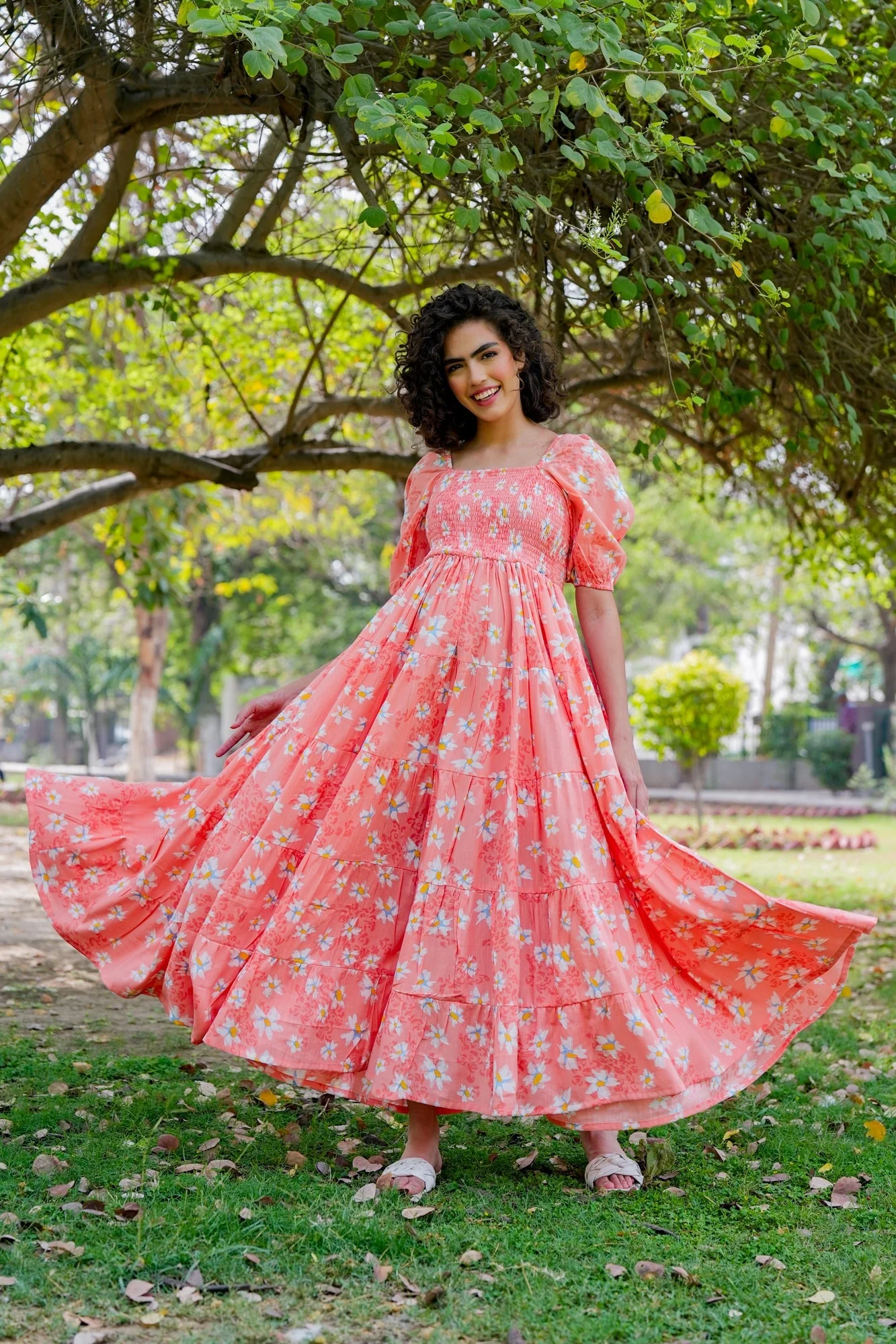 Graceful Apricot Floral Maternity Layered Dress (100% Cotton) - Chenance