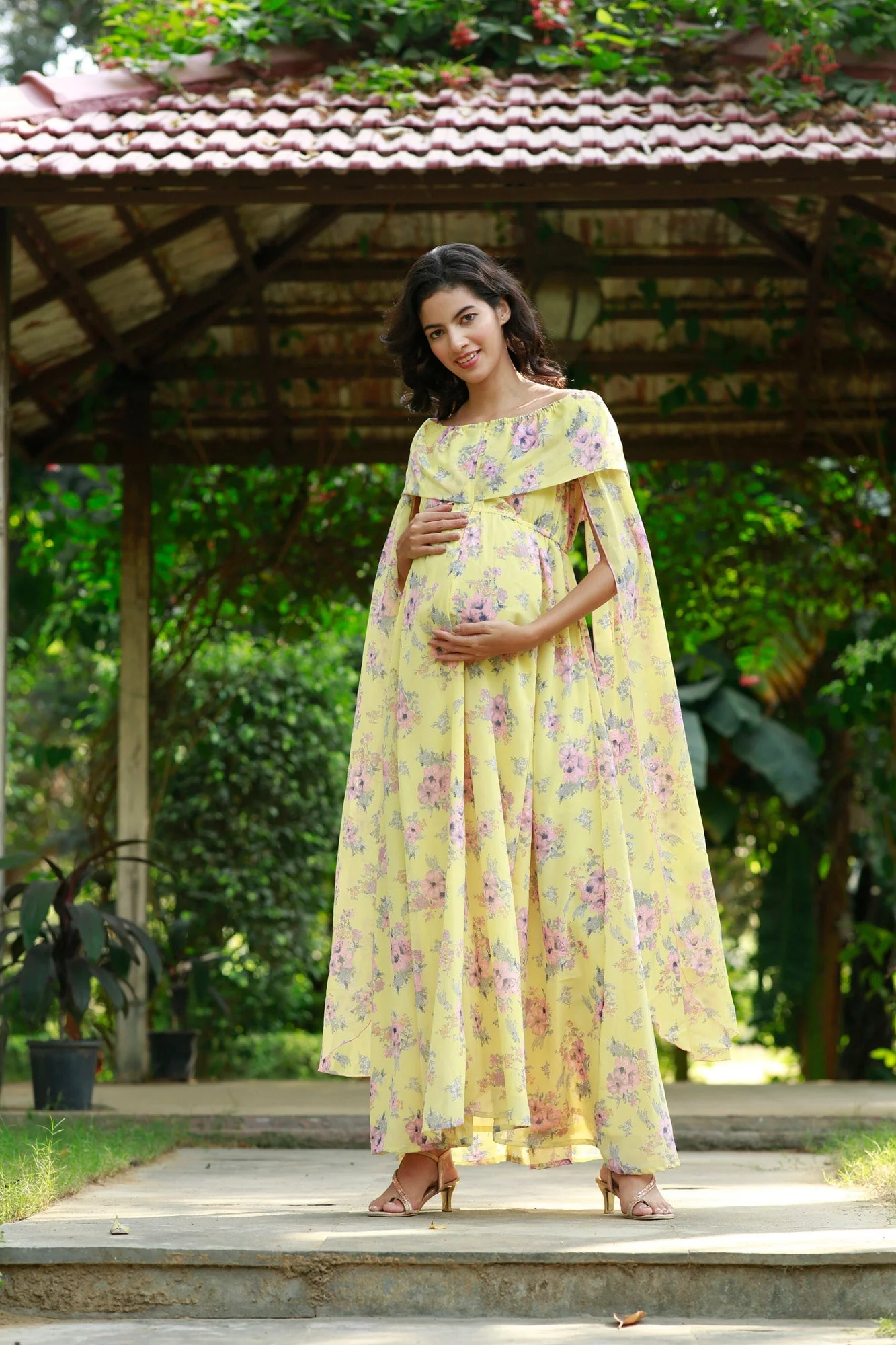 Lemon Pink Blossom Flying Sleeves Maternity & Nursing Dress - Chenance