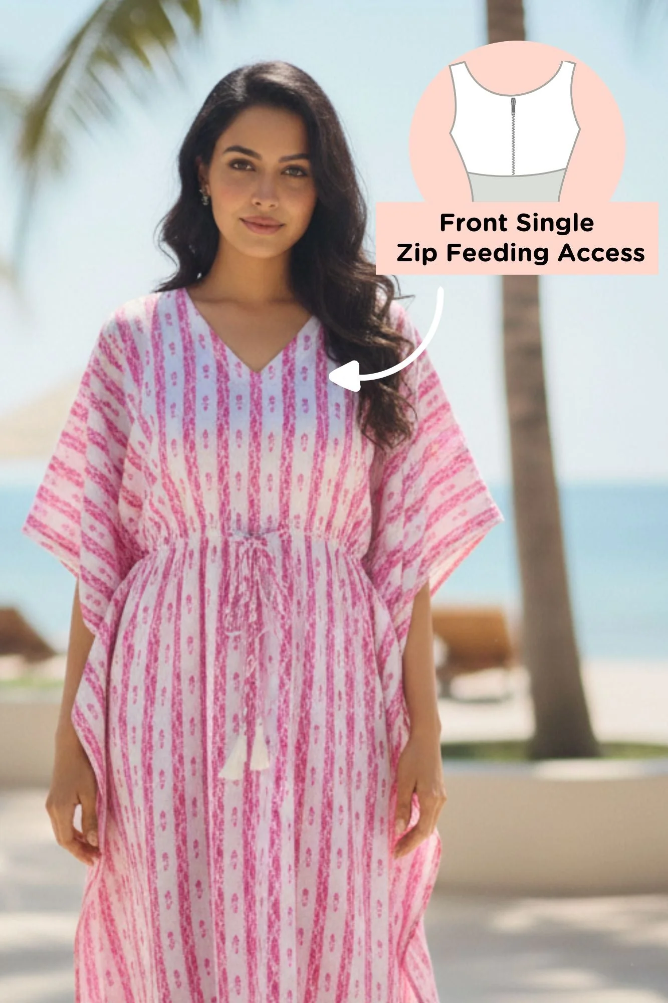 Pink Striped Maternity & Nursing Kaftan (100% Cotton) - Chenance