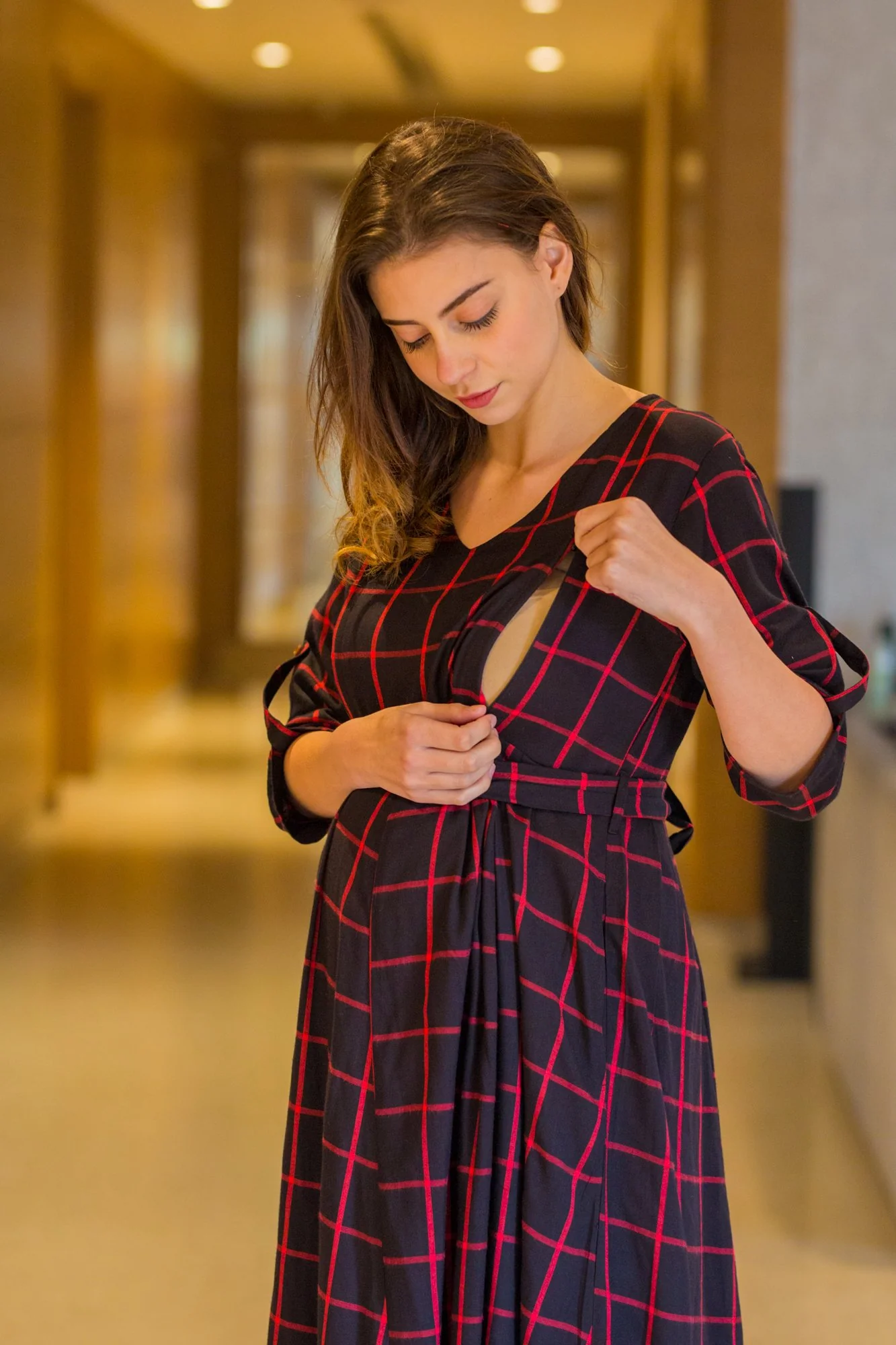 Elegance Check Maternity & Nursing Maxi Dress - Chenance