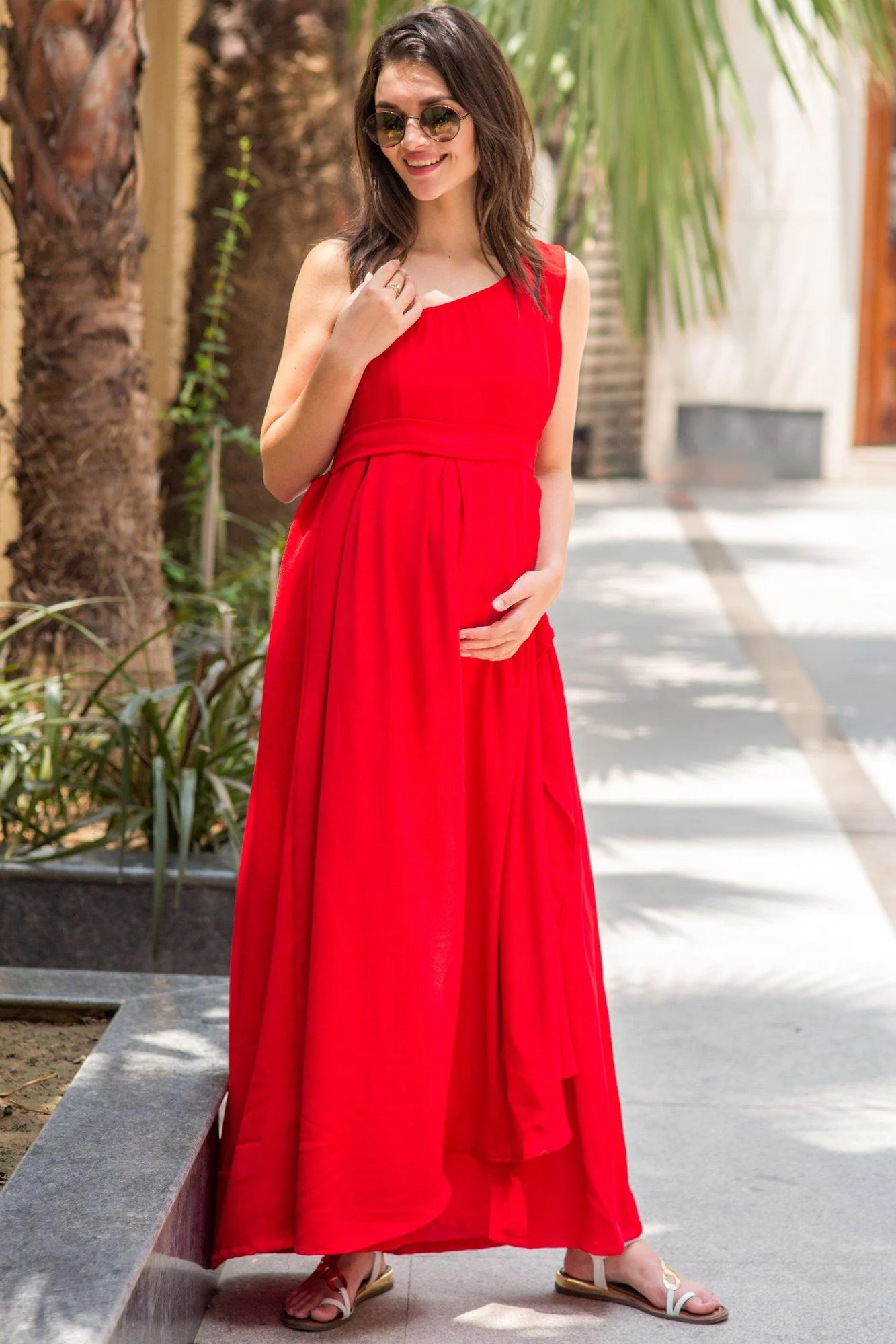 Luxe Candy Red Side Shoulder Maternity & Nursing Maxi - Chenance