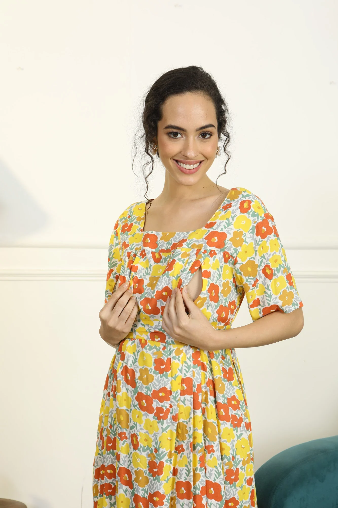 Miami Comfy Flower Pop Maternity & Nursing Concealed Zips Night Dress - Chenance