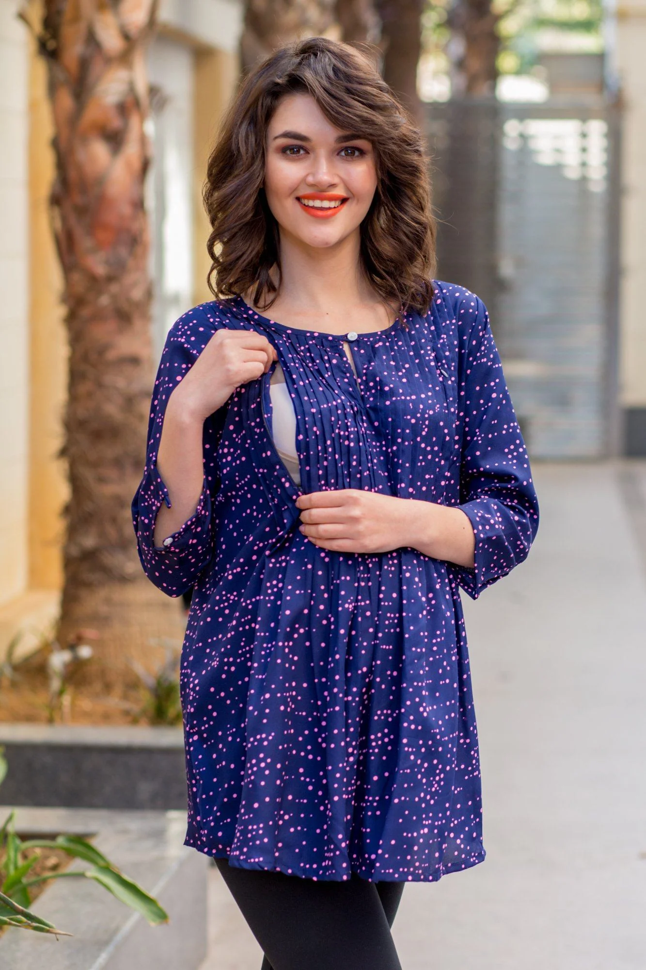 Scattered Polka Print Pintucks Maternity & Nursing Top - Chenance