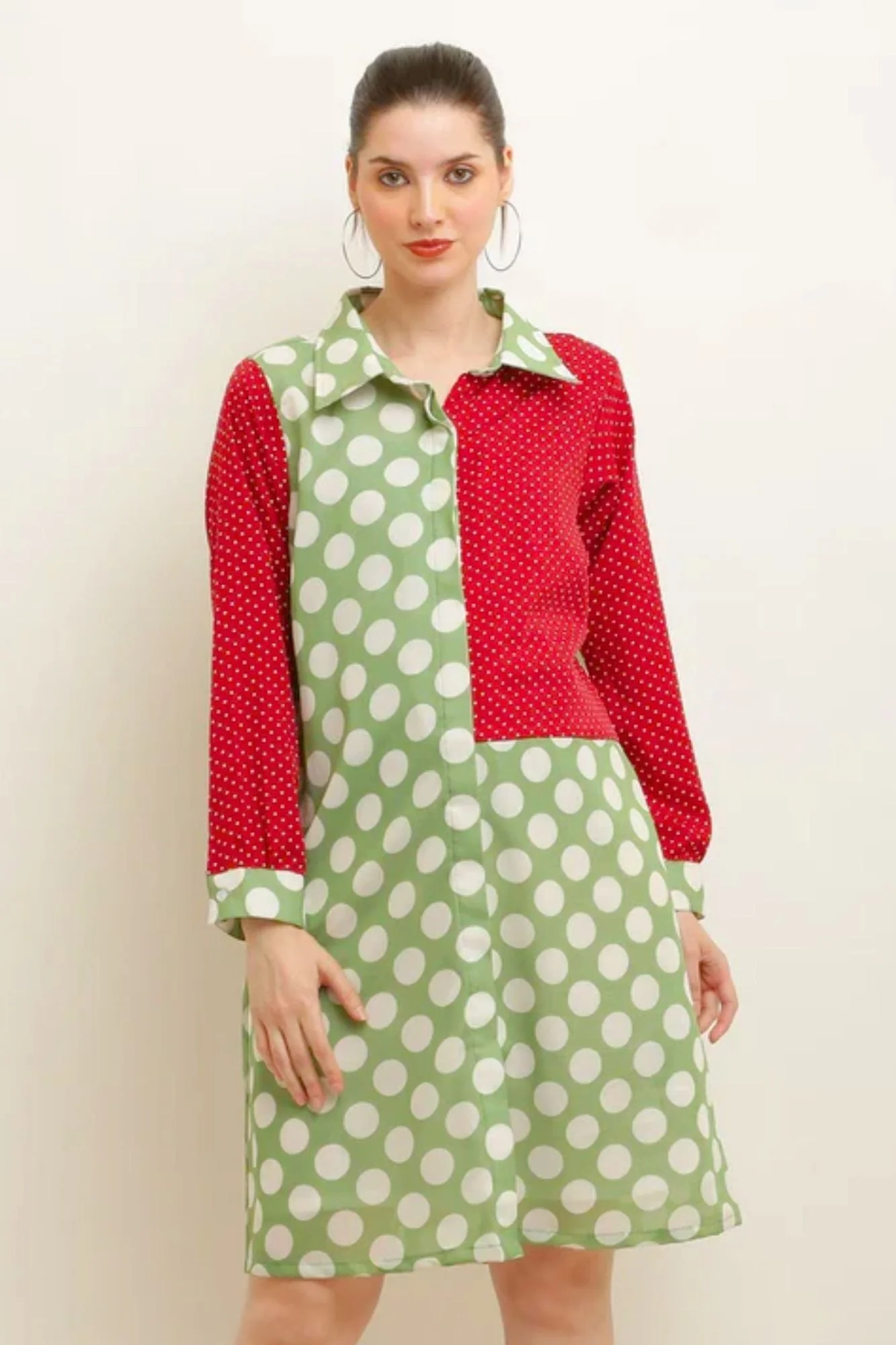 Merry Polka Printed Red-Green Shirt Dress - Chenance
