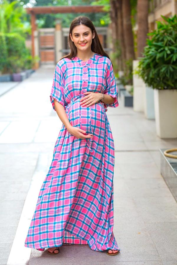 Kimono Pastel Plaid Maternity & Nursing Dress / Delivery Gown/ Night Dress - Chenance