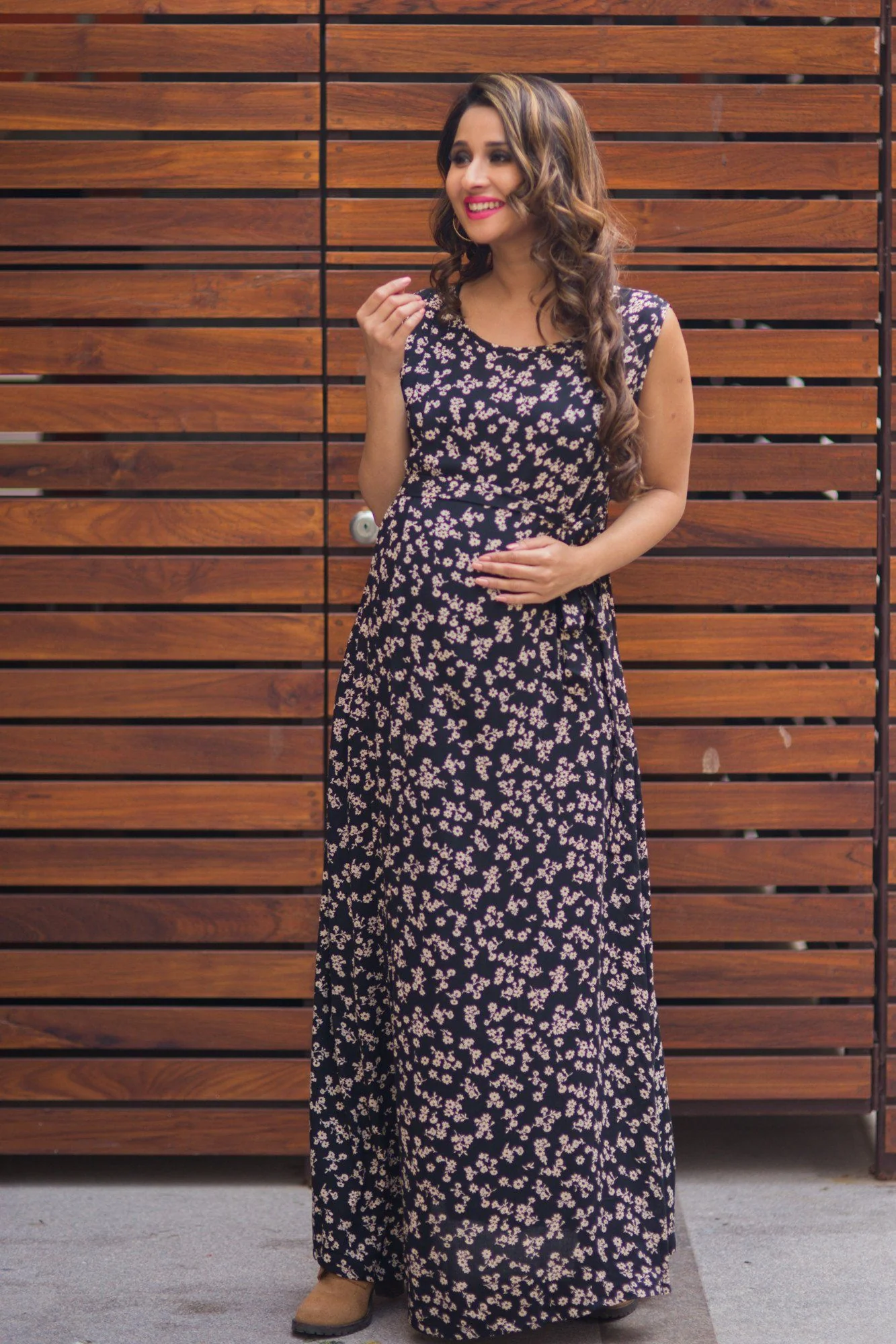 Floral Black Maternity Maxi Dress - Chenance