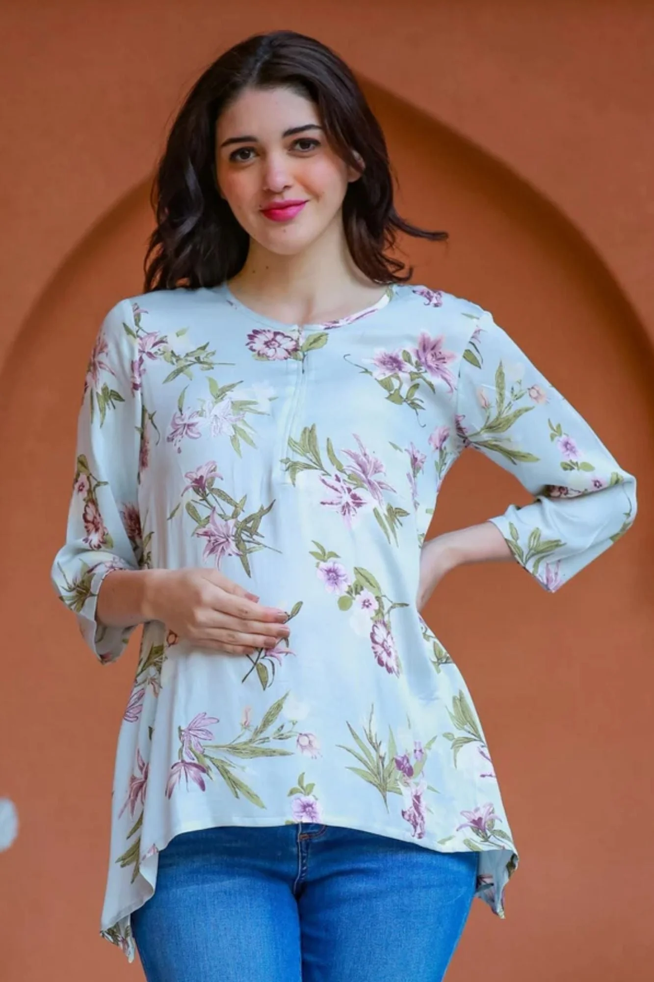 Mint Floral Viscose Maternity & Nursing Top - Chenance