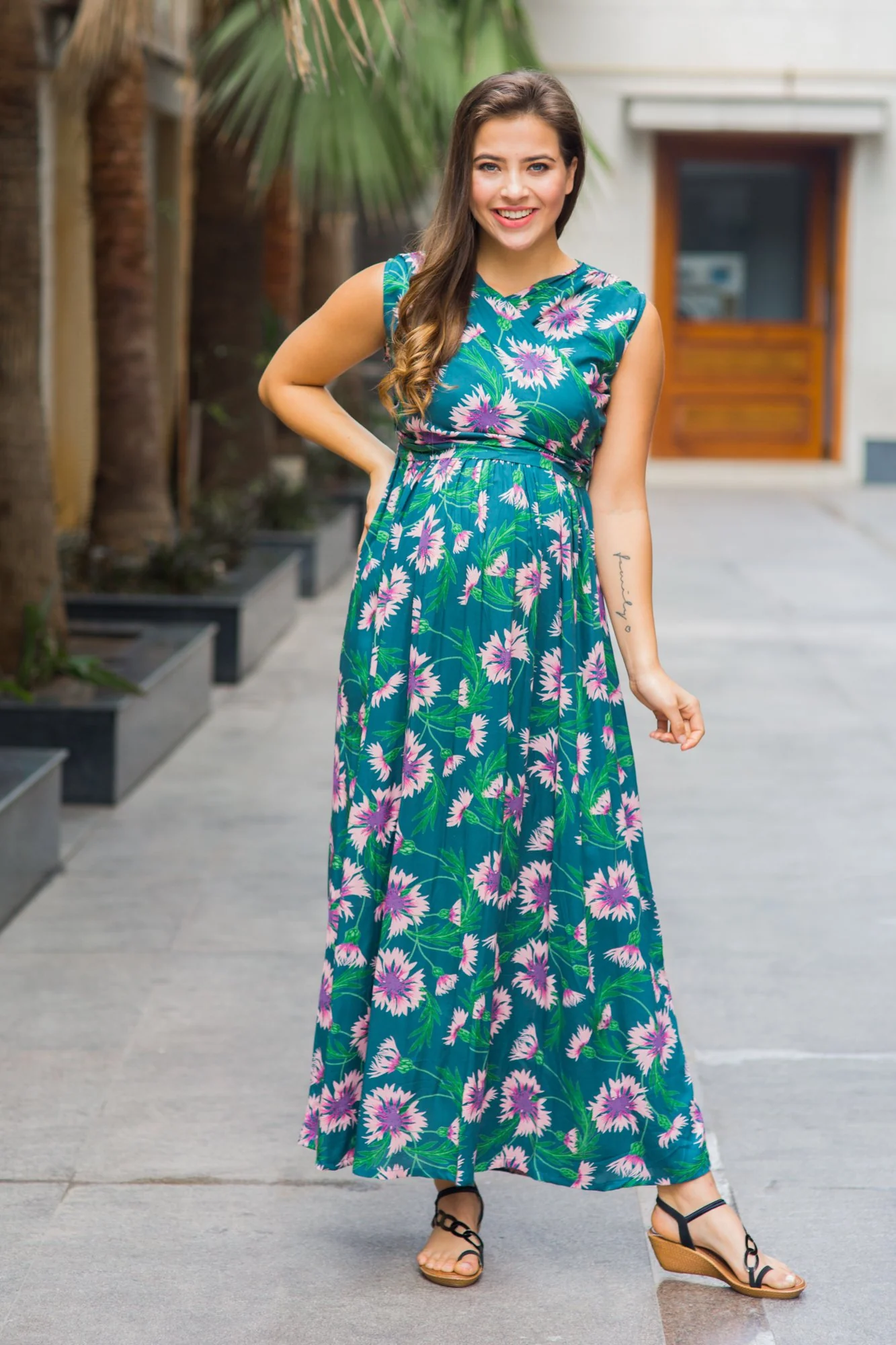 Tropical Floral Maternity & Nursing Sleeveless Wrap Dress - Chenance