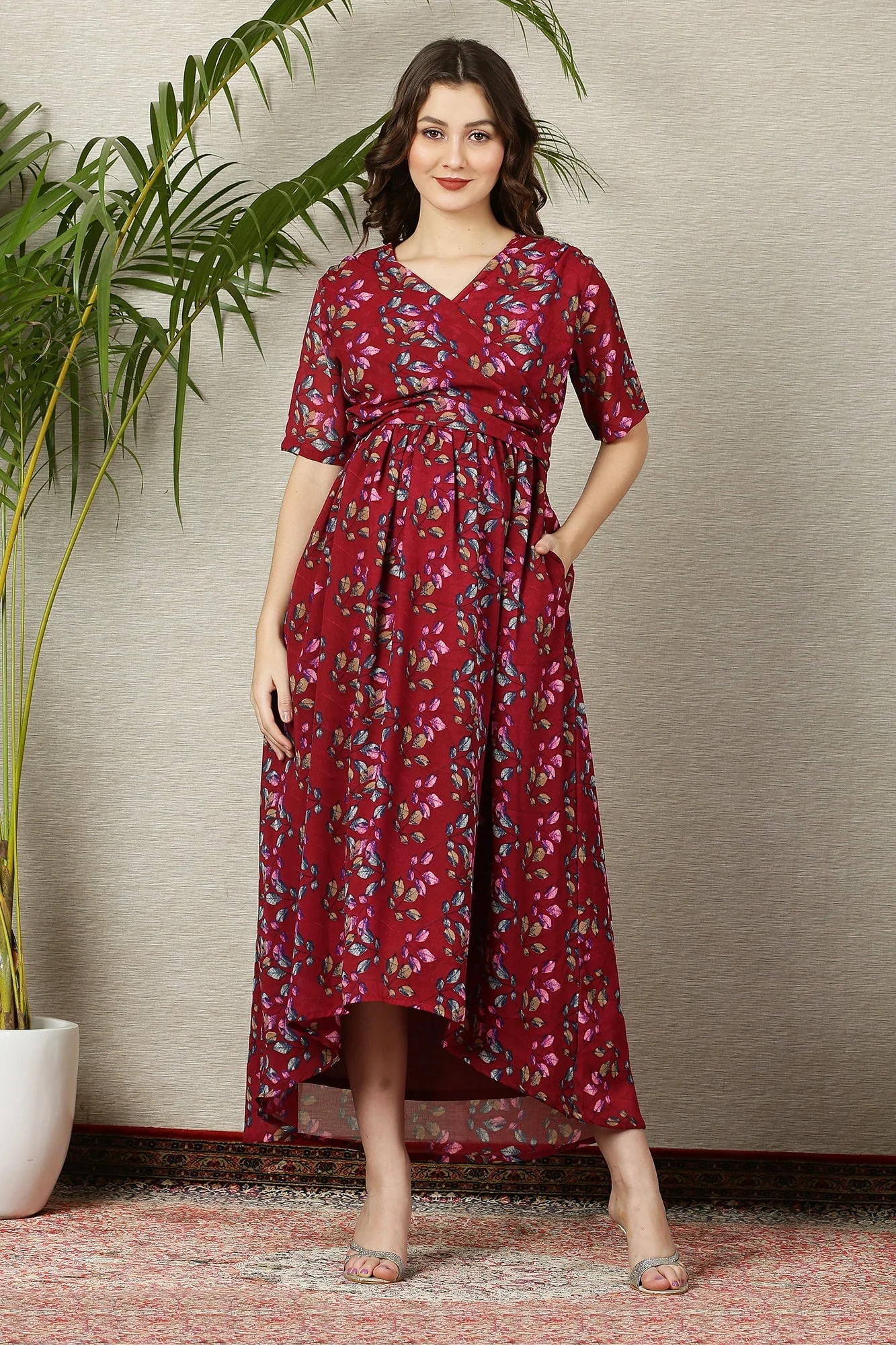 Eden Berry Red Maternity & Nursing Hi-Low Wrap Dress - Chenance