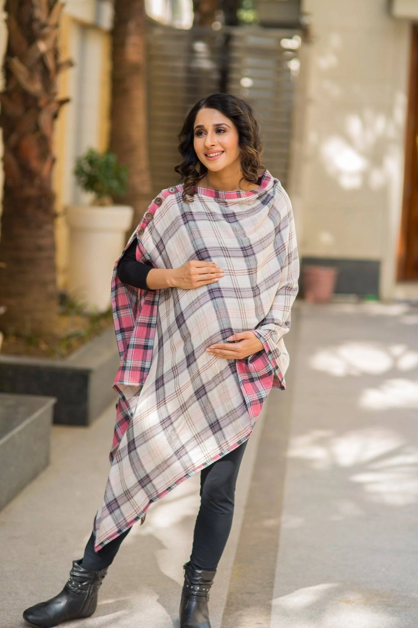 2 in 1 Double Sided Rose Pink Plaid Nursing Stole - Chenance