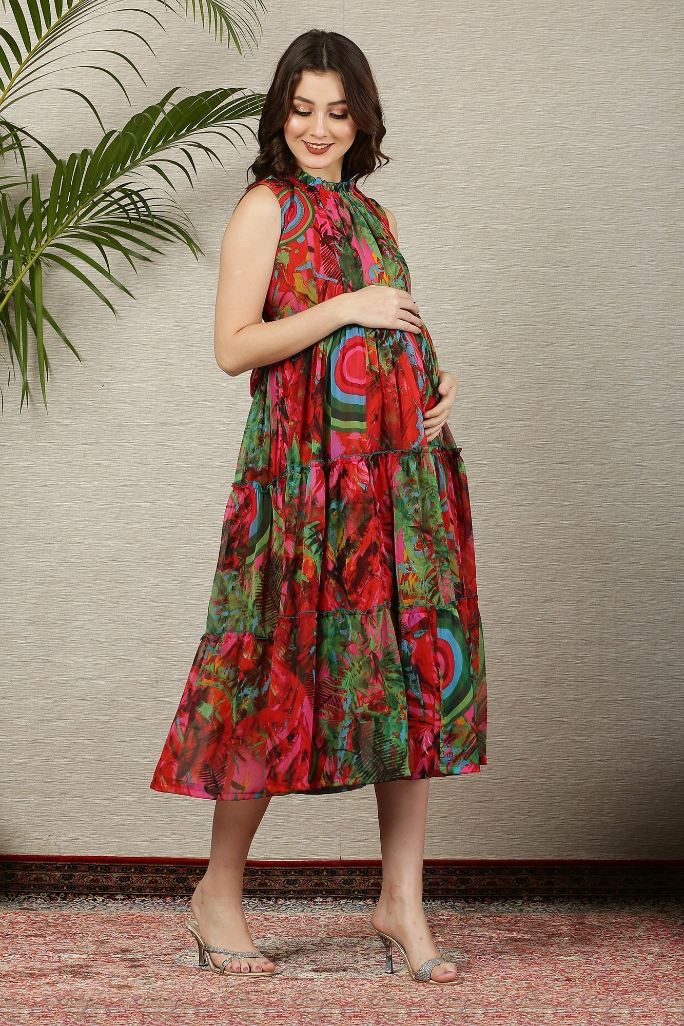 Tropical Multicolor Maternity & Nursing Concealed Zips Frill Dress - Chenance