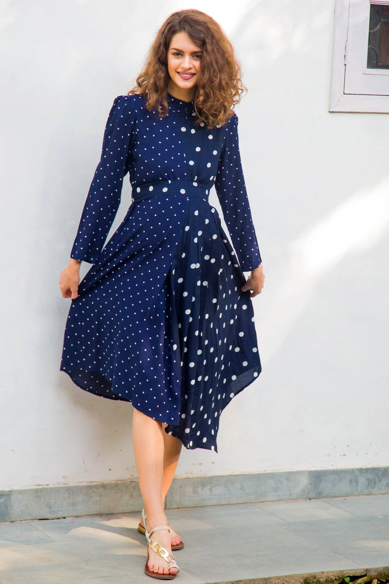 Asymmetrical Navy Polka High Neck Maternity & Nursing Dress - Chenance