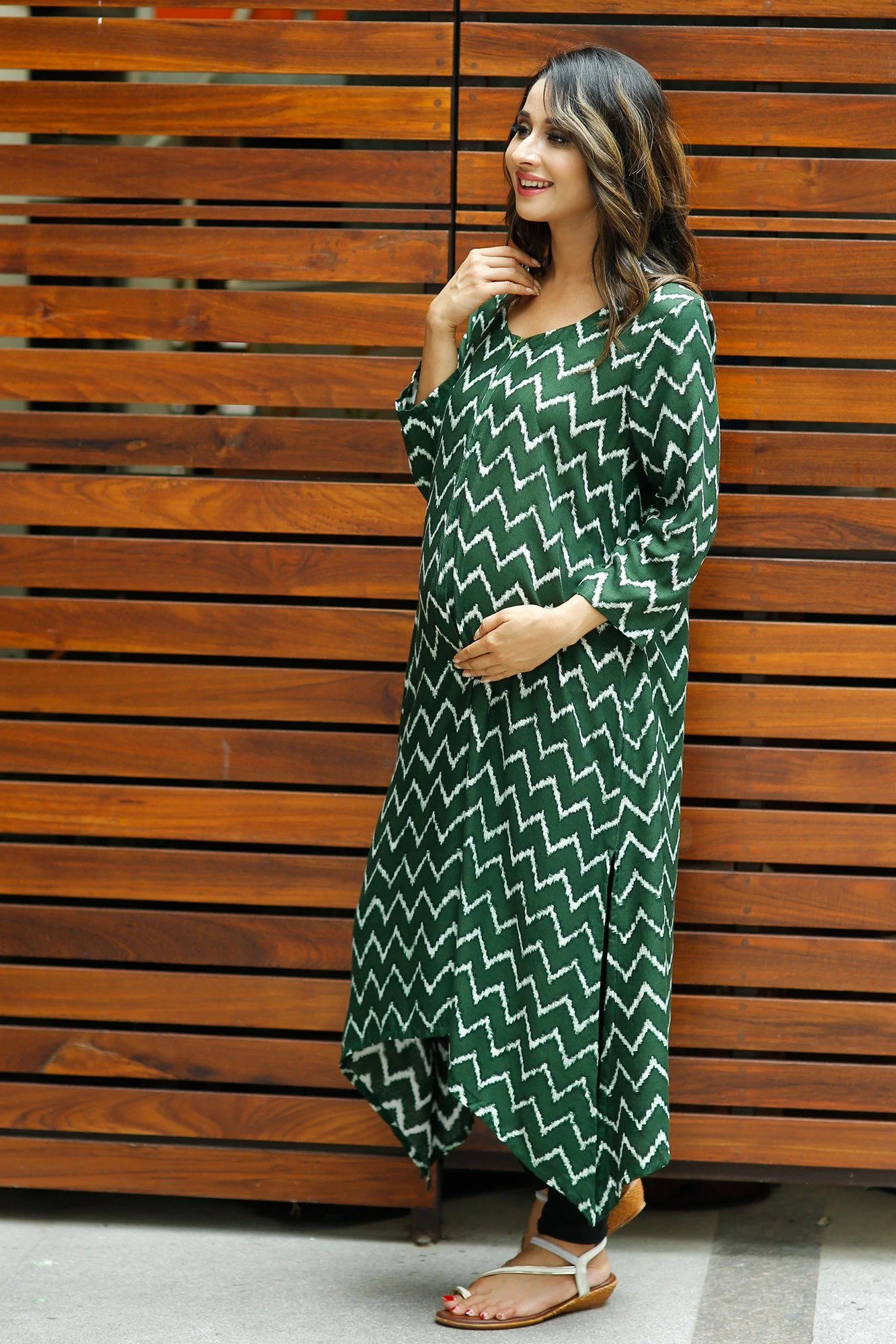 Deep Green Zig-Zag Printed Nursing Kurta - Chenance