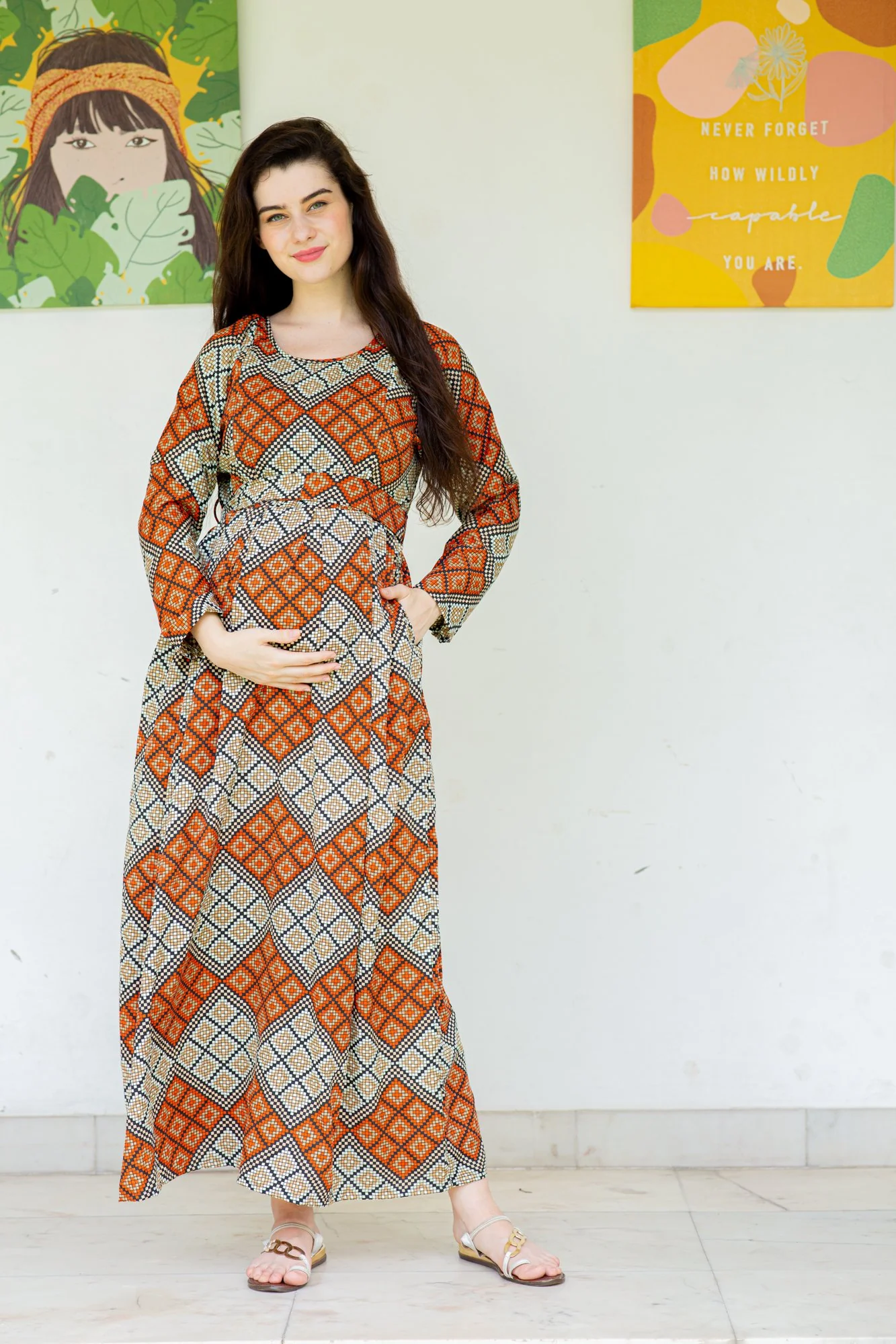 Loom Print Concealed Zip Maternity & Nursing Maxi - Chenance