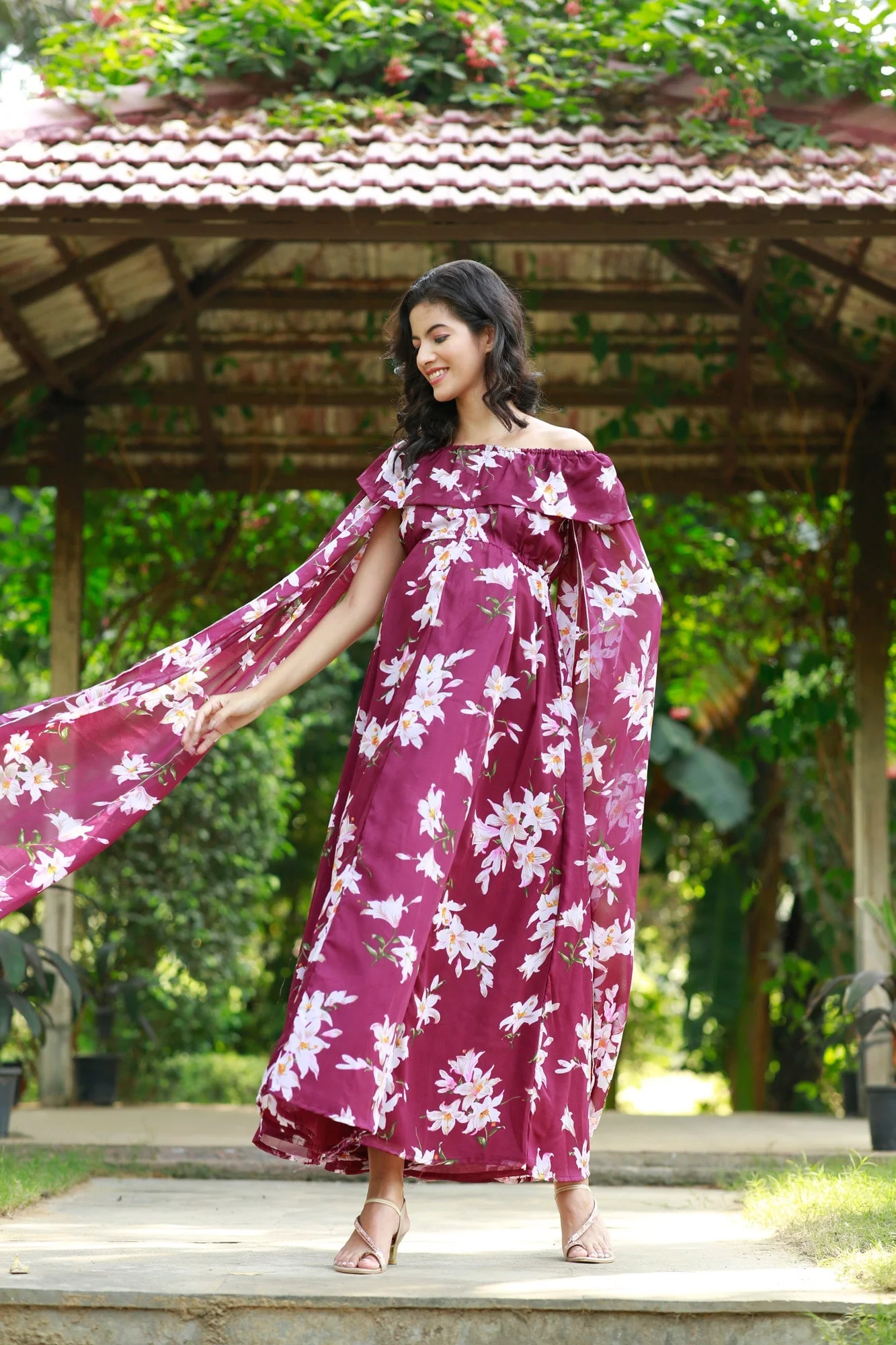 Burgundy Cascading Floral Flying Sleeves Maternity & Nursing Dress - Chenance