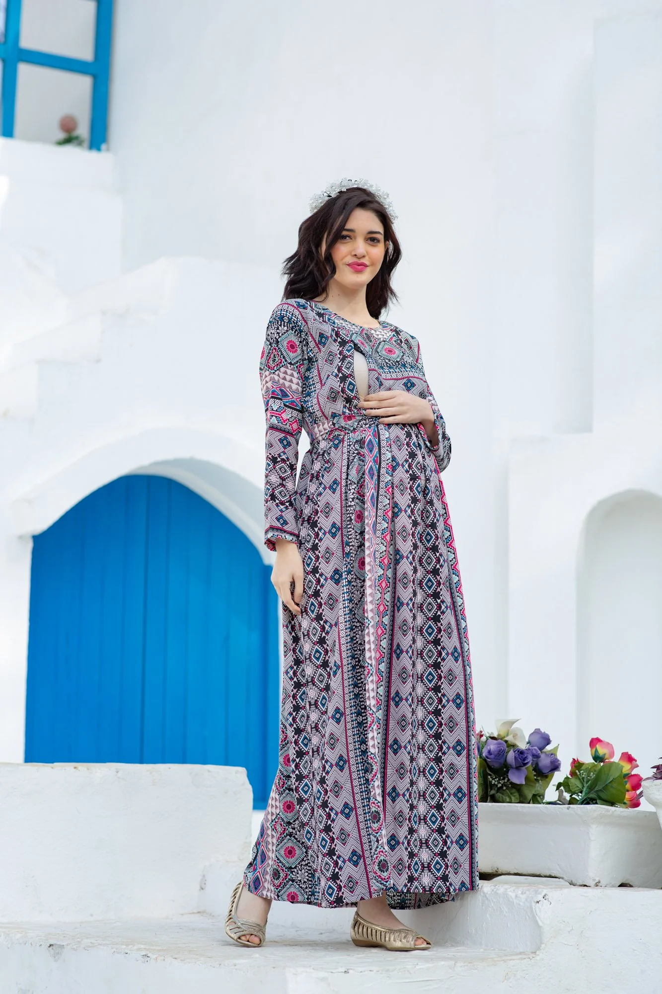 Royal Aztec Concealed Zip Maternity & Nursing Maxi - Chenance