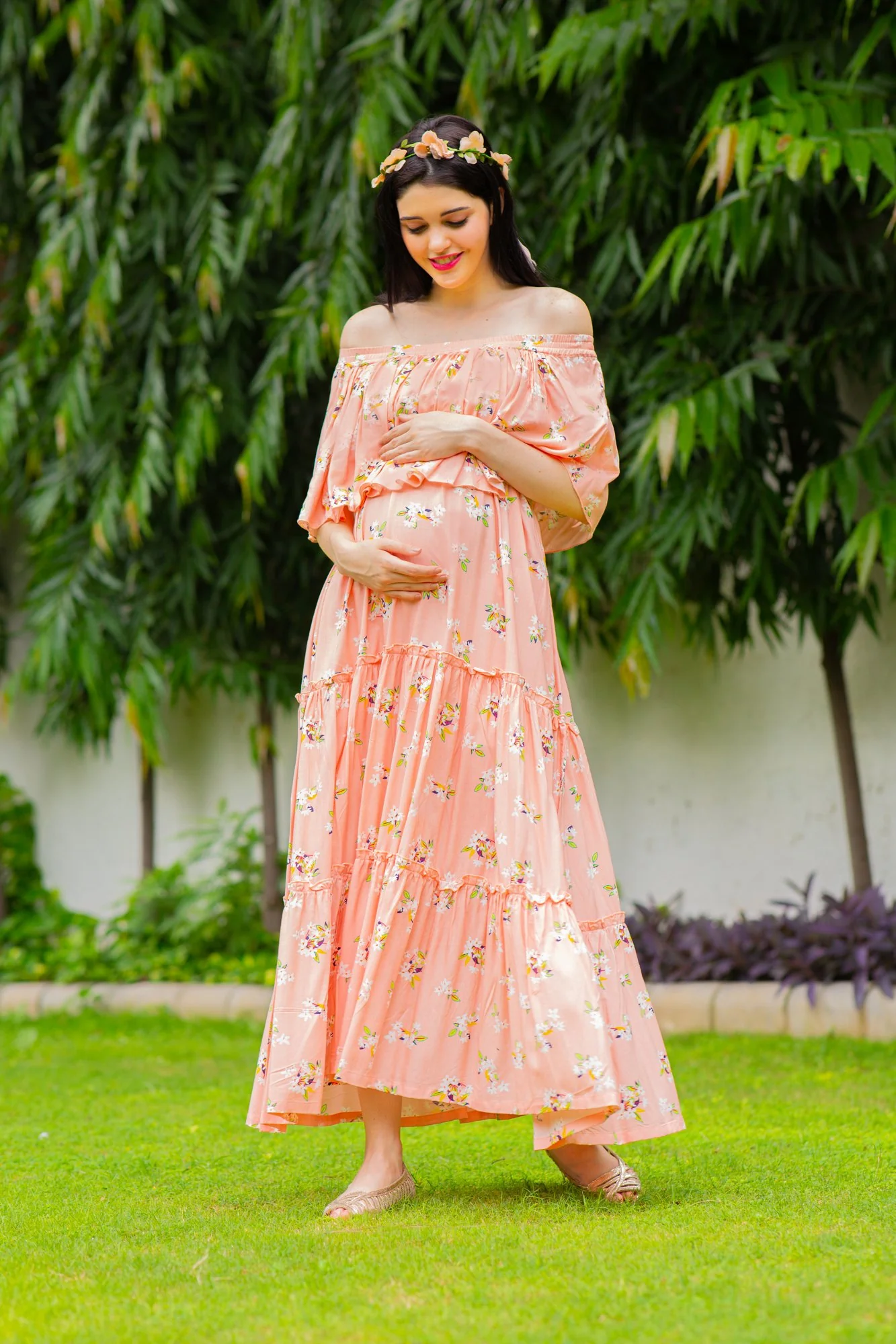 Dreamy Peach Off-Shoulder Maternity Maxi Dress - Chenance