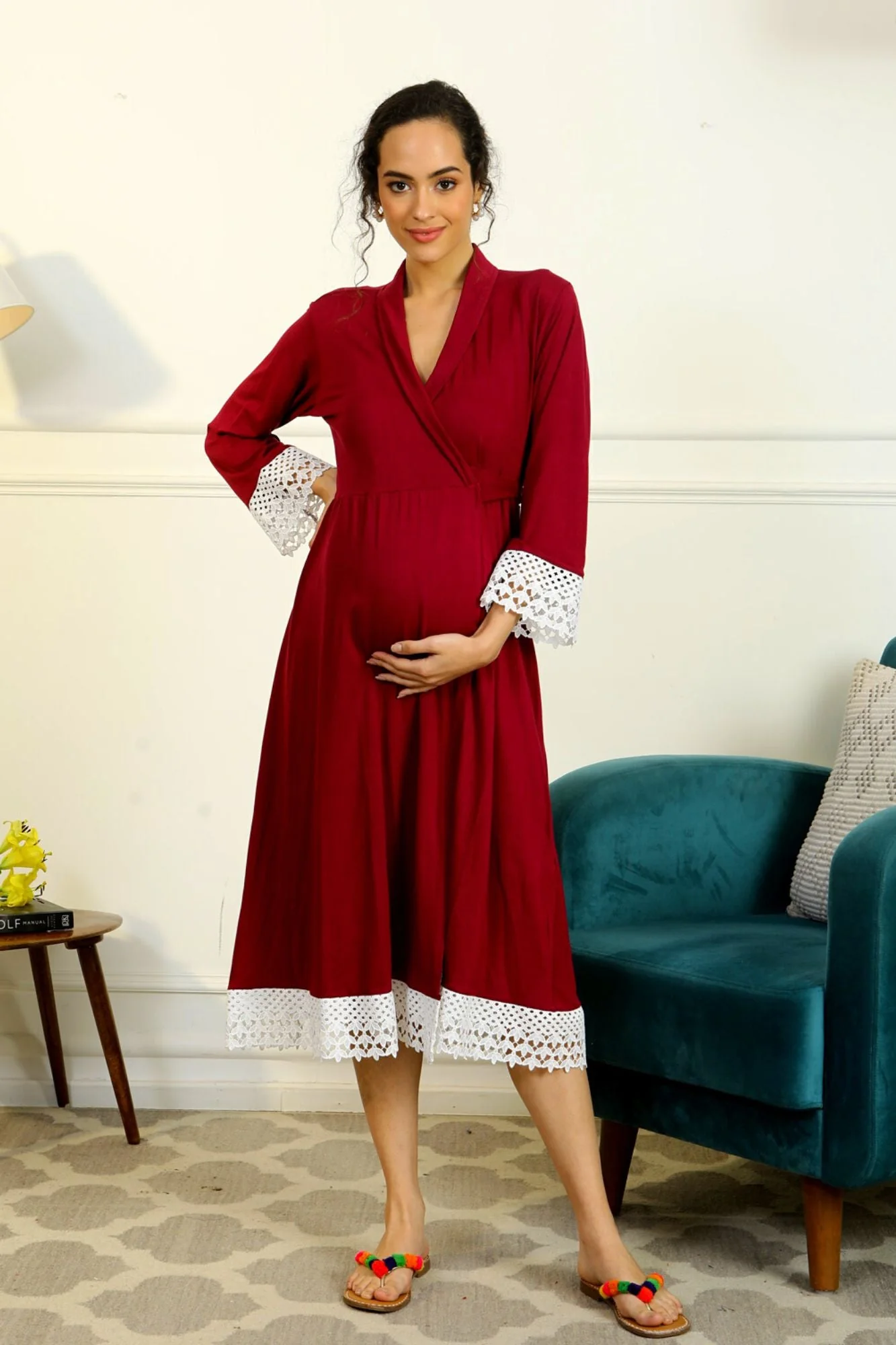 Vibrant Mulberry Lycra Maternity & Nursing Wrap Nightwear Dress/ Hospital Gown/ Delivery Robes - Chenance