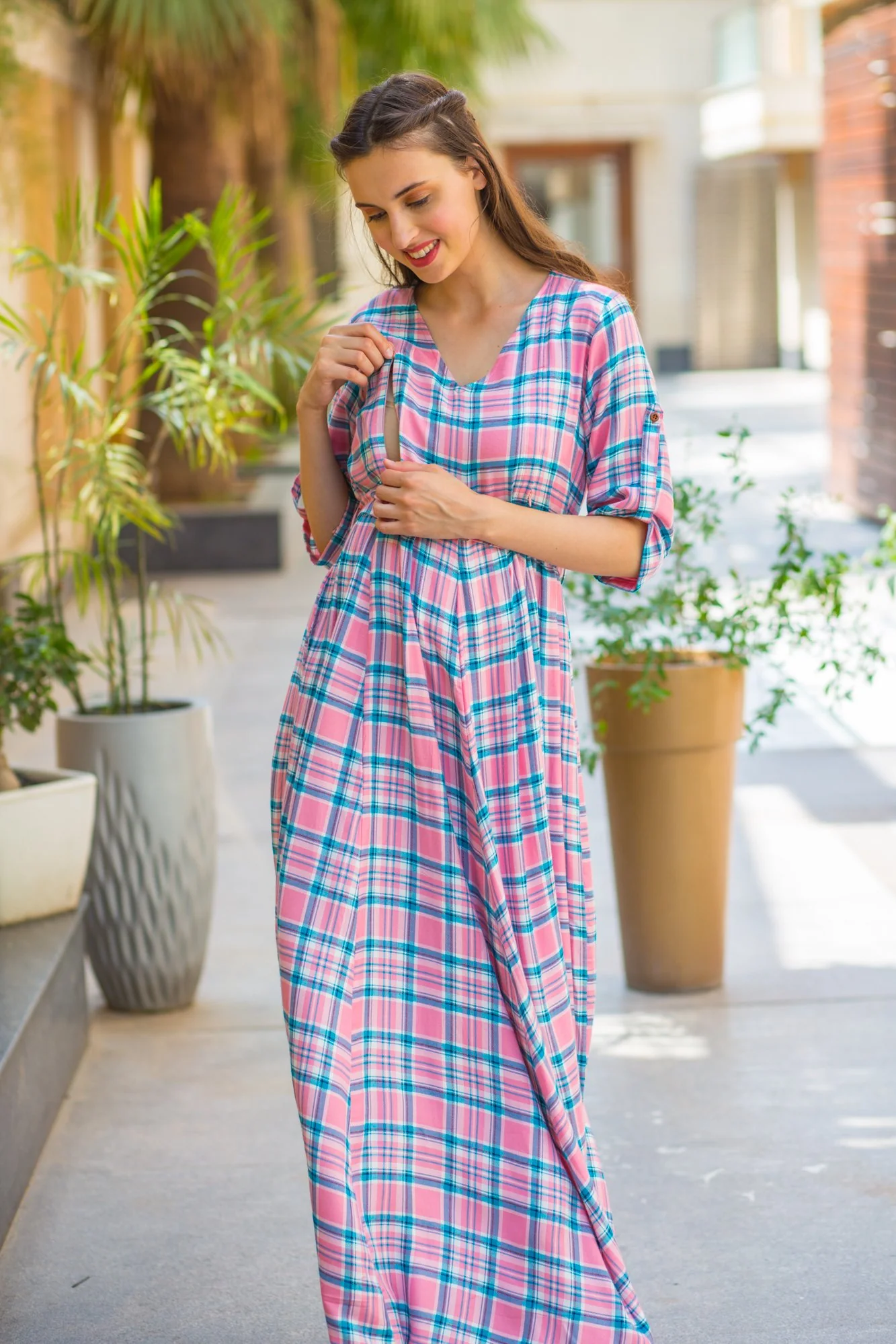 Rouge Rose Plaid Maternity & Nursing Maxi Dress - Chenance