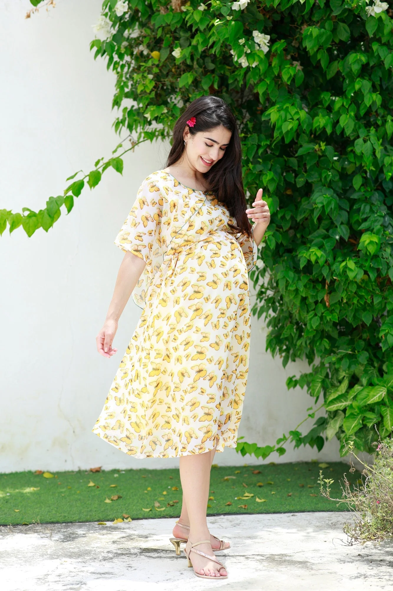 Pretty Mustard Butterflying Maternity & Nursing Chiffon Dress - Chenance