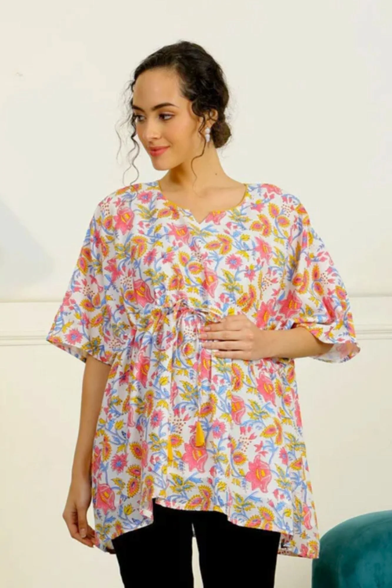 Bohemian White Flower bomb Maternity Kaftan Top (100% Cotton) - Chenance