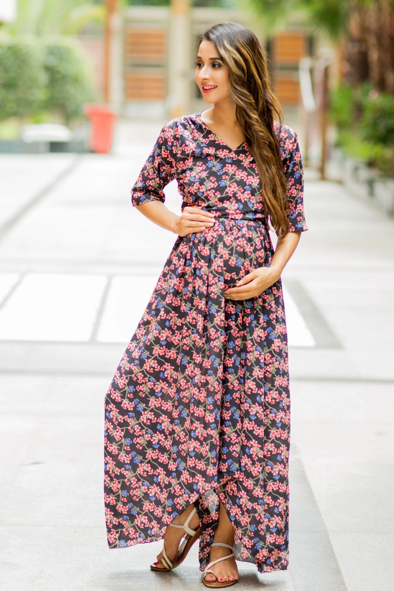 Midnight Blossom Hi-Low Maternity & Nursing Wrap Dress - Chenance