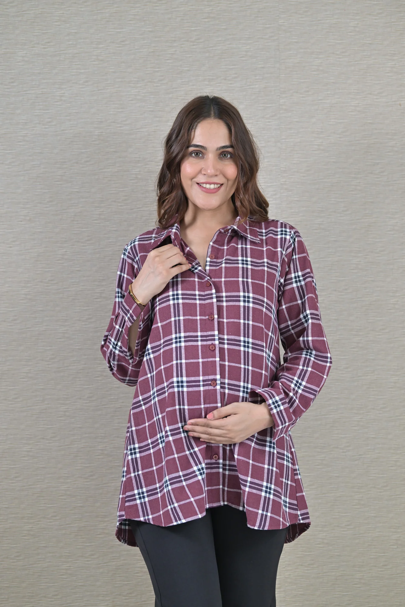 Sangria Check Maternity & Nursing Top - Chenance