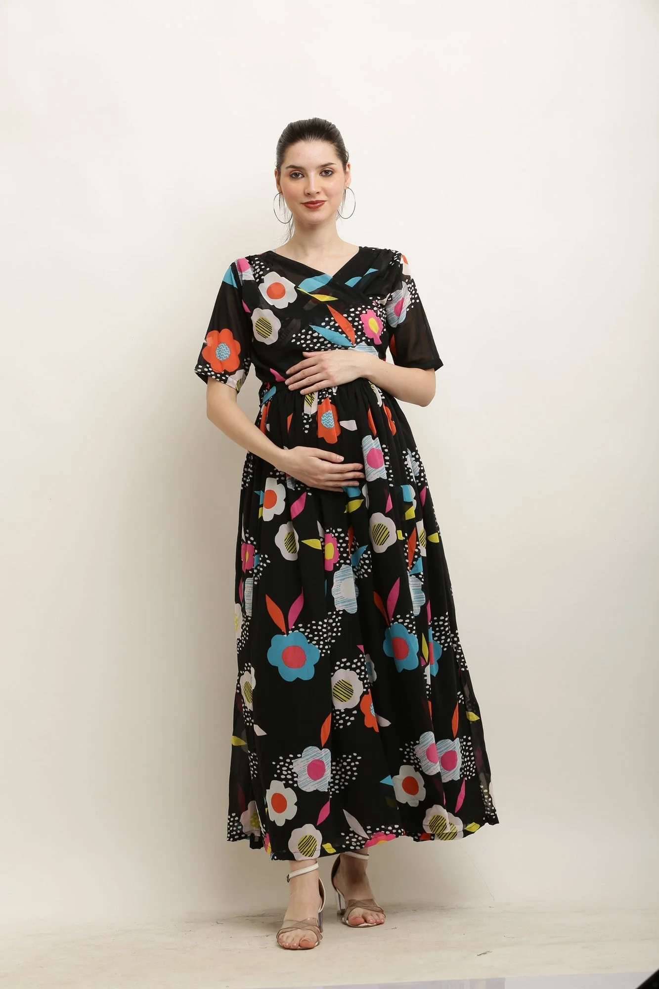 Candy Blackish Floral Maternity Layered Knot Dress - Chenance
